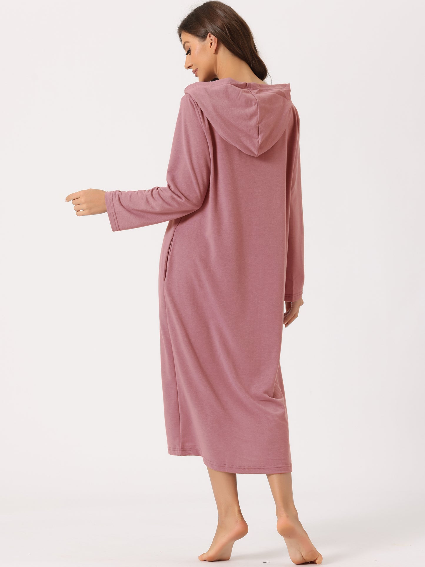 Bata de baño con capucha y cremallera para mujer, vestido de manga larga con bolsillos