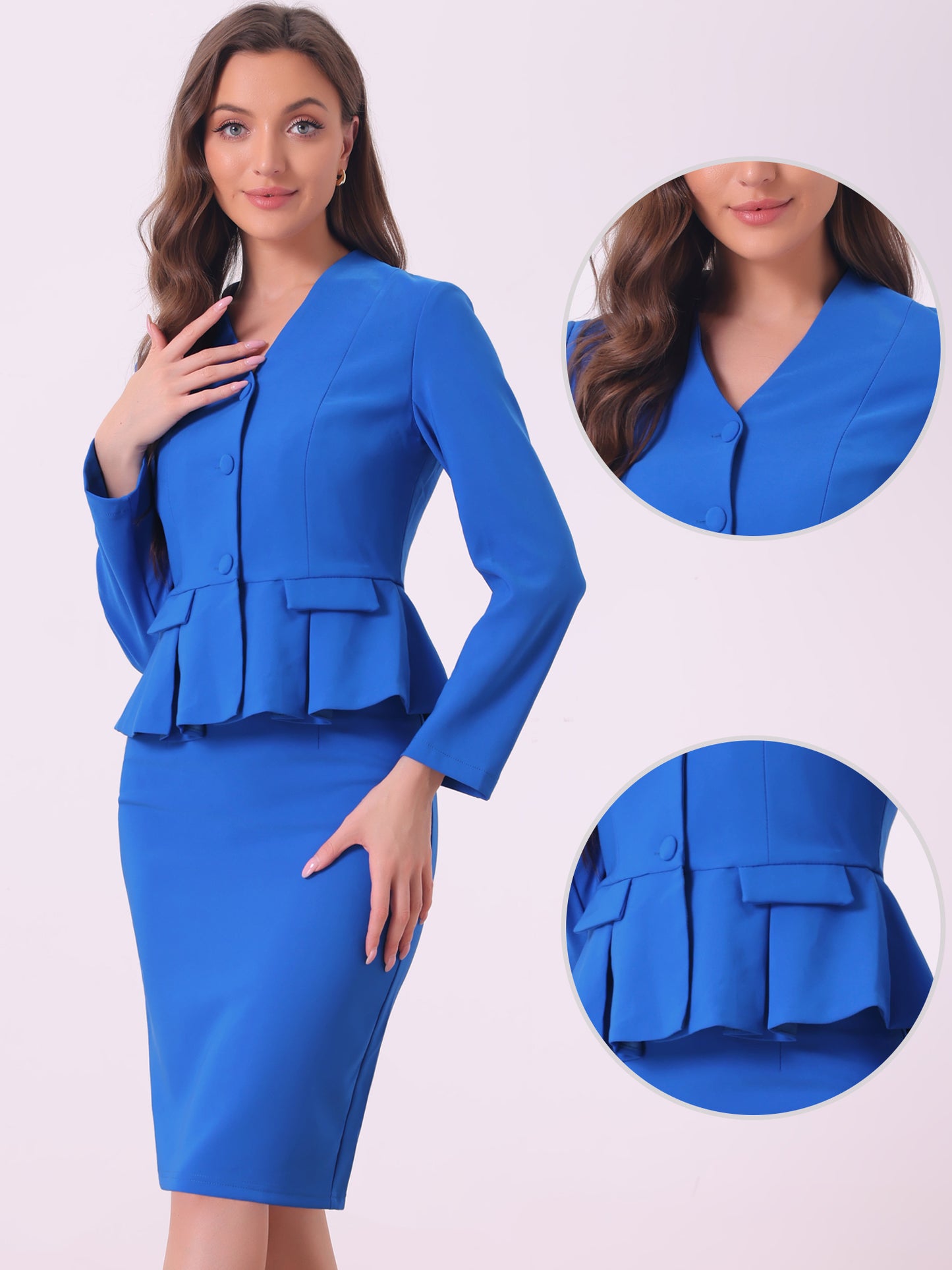 Women's Business 2 Piece Suit Set Long Sleeve Collarless Peplum Blazer Pencil Skirt