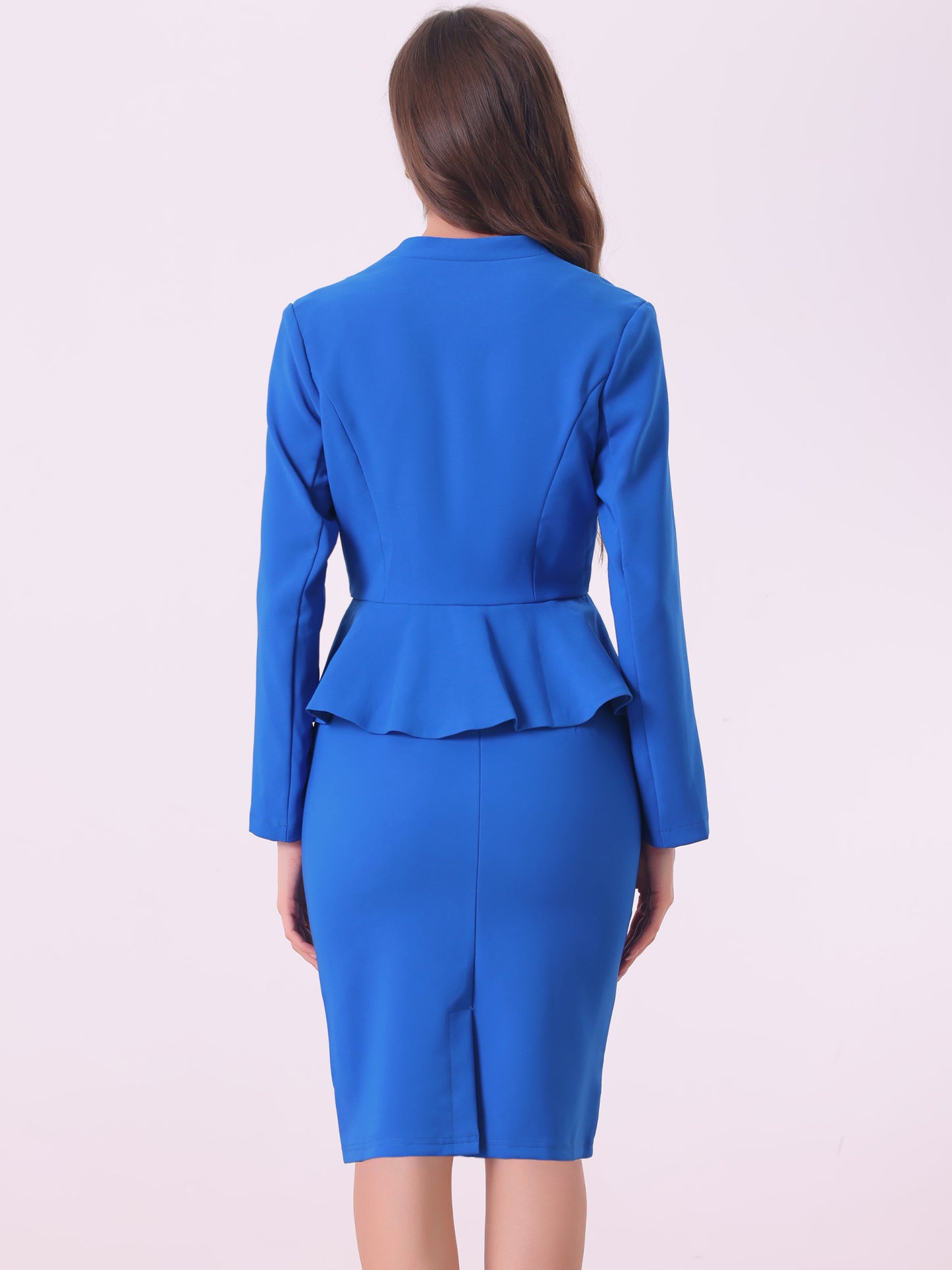 Women's Business 2 Piece Suit Set Long Sleeve Collarless Peplum Blazer Pencil Skirt