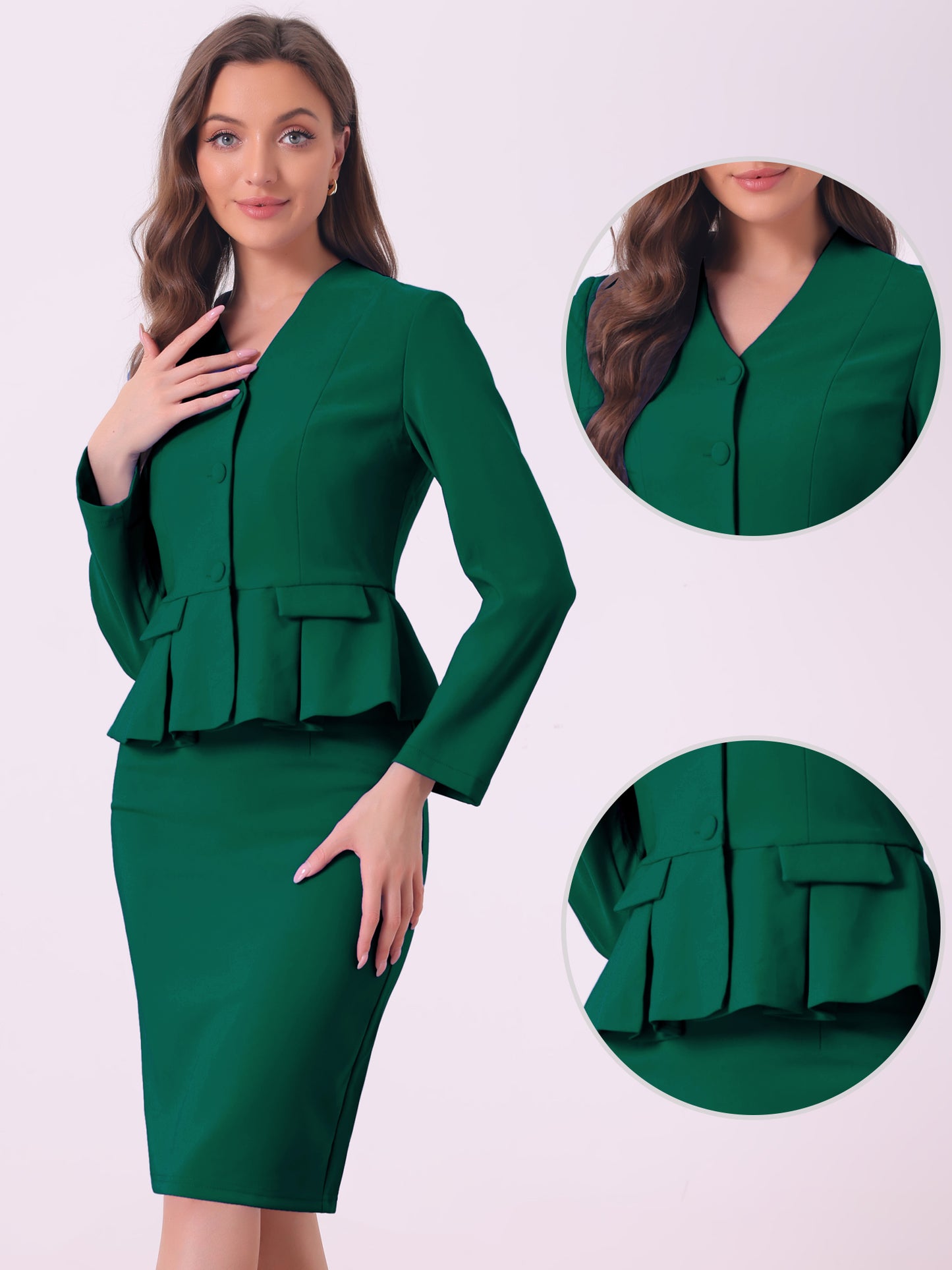Women's Business 2 Piece Suit Set Long Sleeve Collarless Peplum Blazer Pencil Skirt