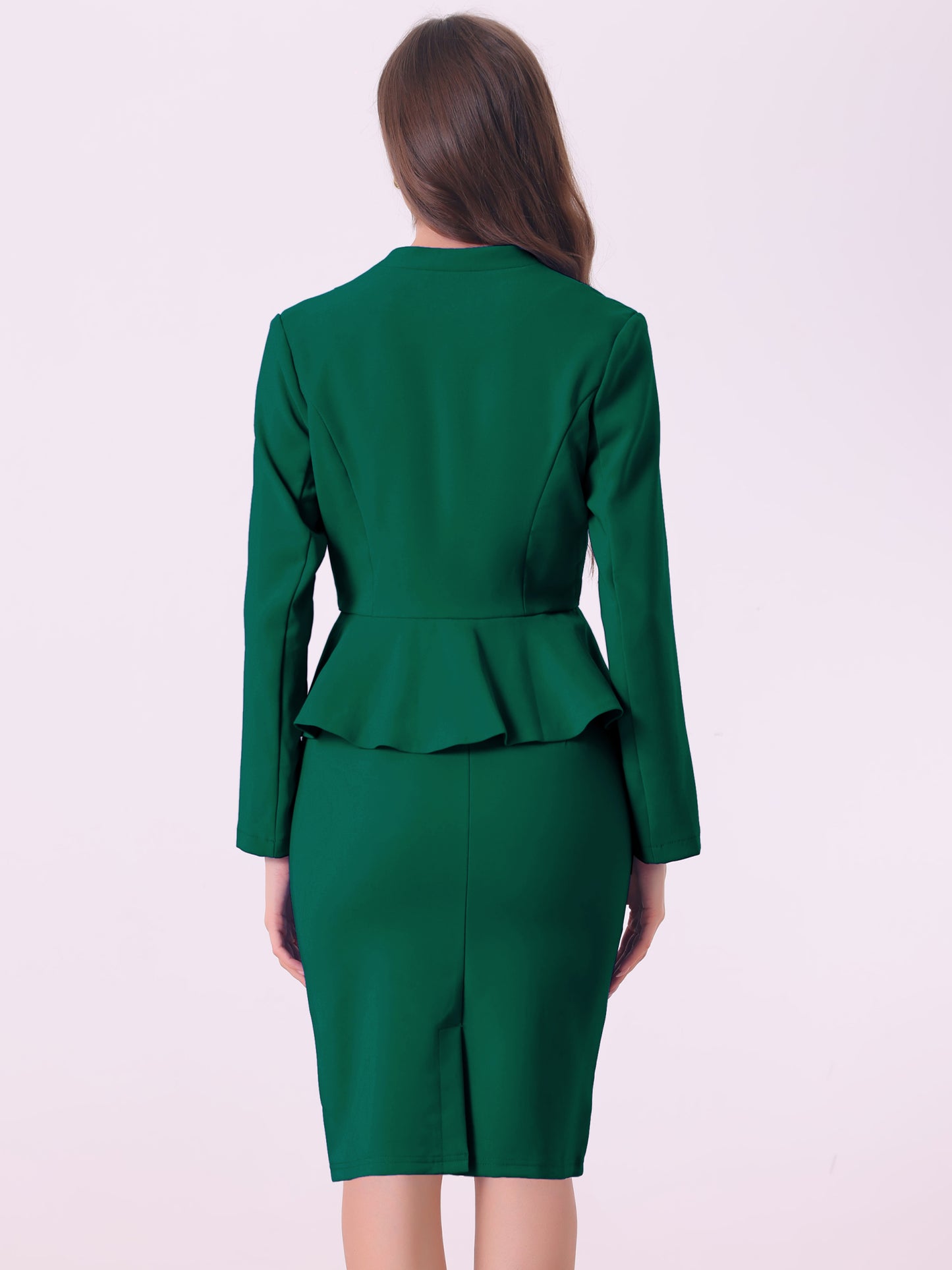 Women's Business 2 Piece Suit Set Long Sleeve Collarless Peplum Blazer Pencil Skirt