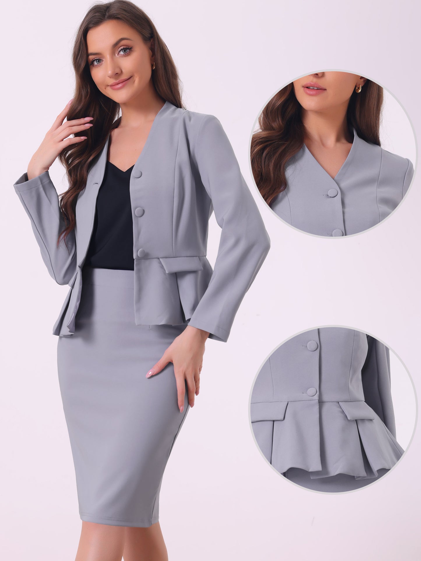 Women's Business 2 Piece Suit Set Long Sleeve Collarless Peplum Blazer Pencil Skirt