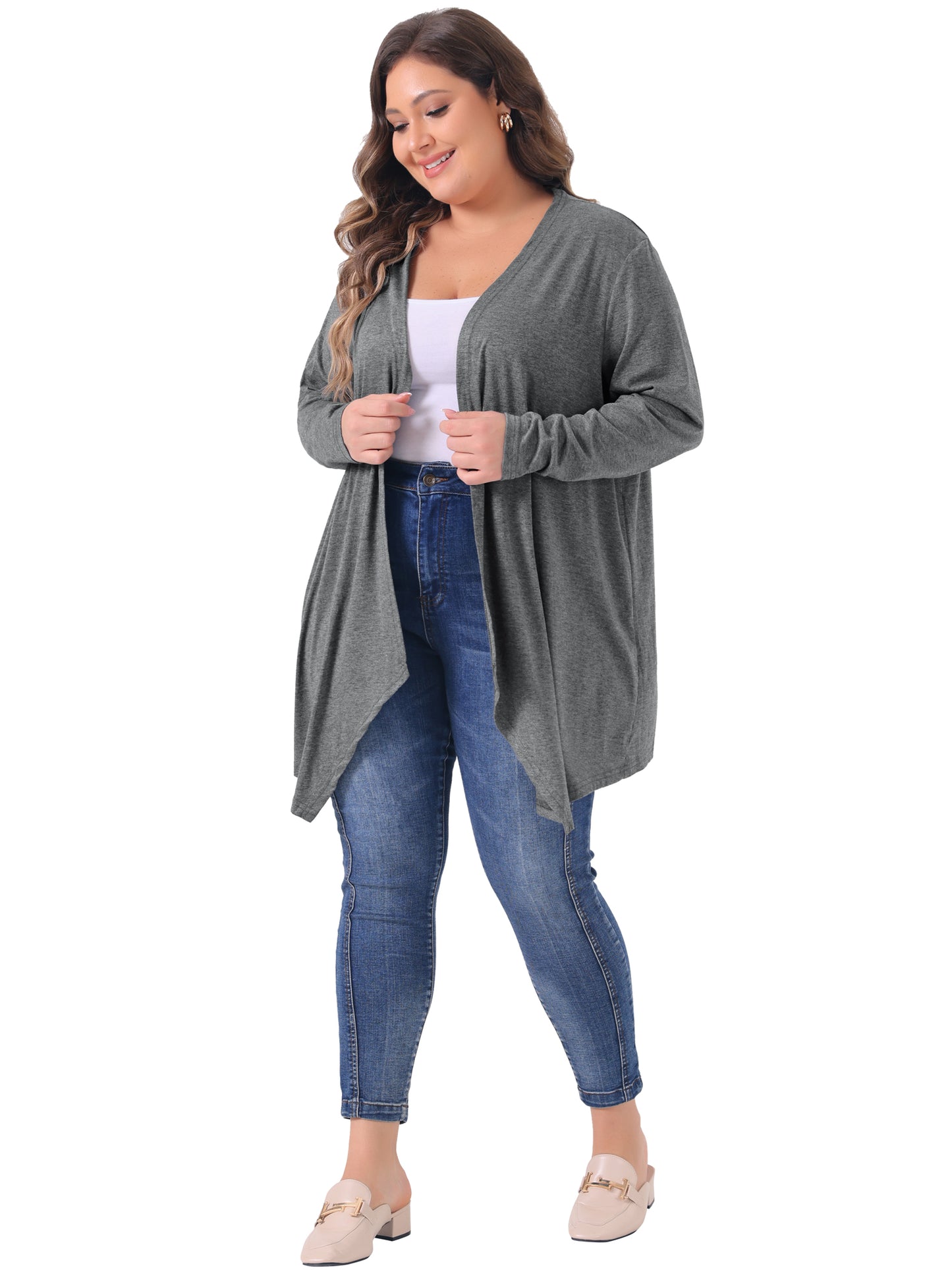 Women Plus Size Cardigan Long Sleeve Open Front Lightweight High Low Hem Draped Cover Ups