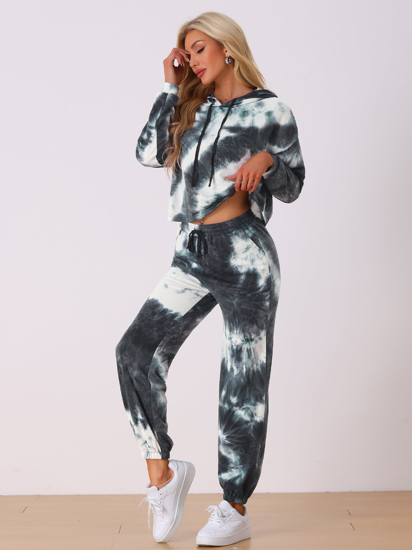 Women's 2 Piece Sweatsuits Tie Dye Pullover Hoodie Drawstring Jogging Tracksuit
