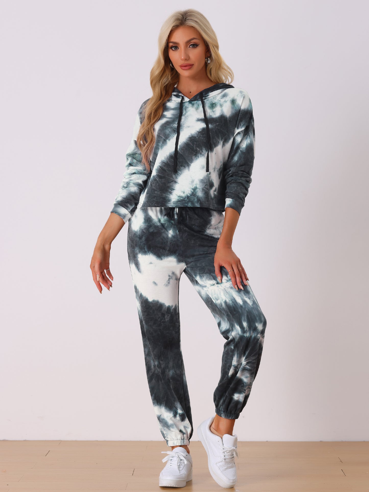 Women's 2 Piece Sweatsuits Tie Dye Pullover Hoodie Drawstring Jogging Tracksuit