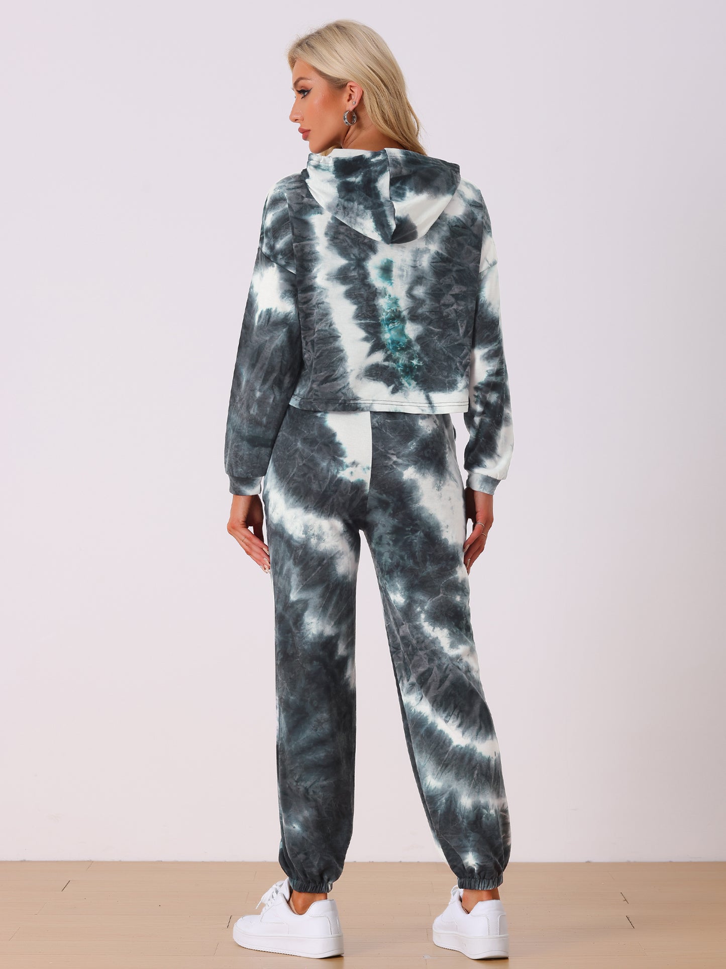 Women's 2 Piece Sweatsuits Tie Dye Pullover Hoodie Drawstring Jogging Tracksuit
