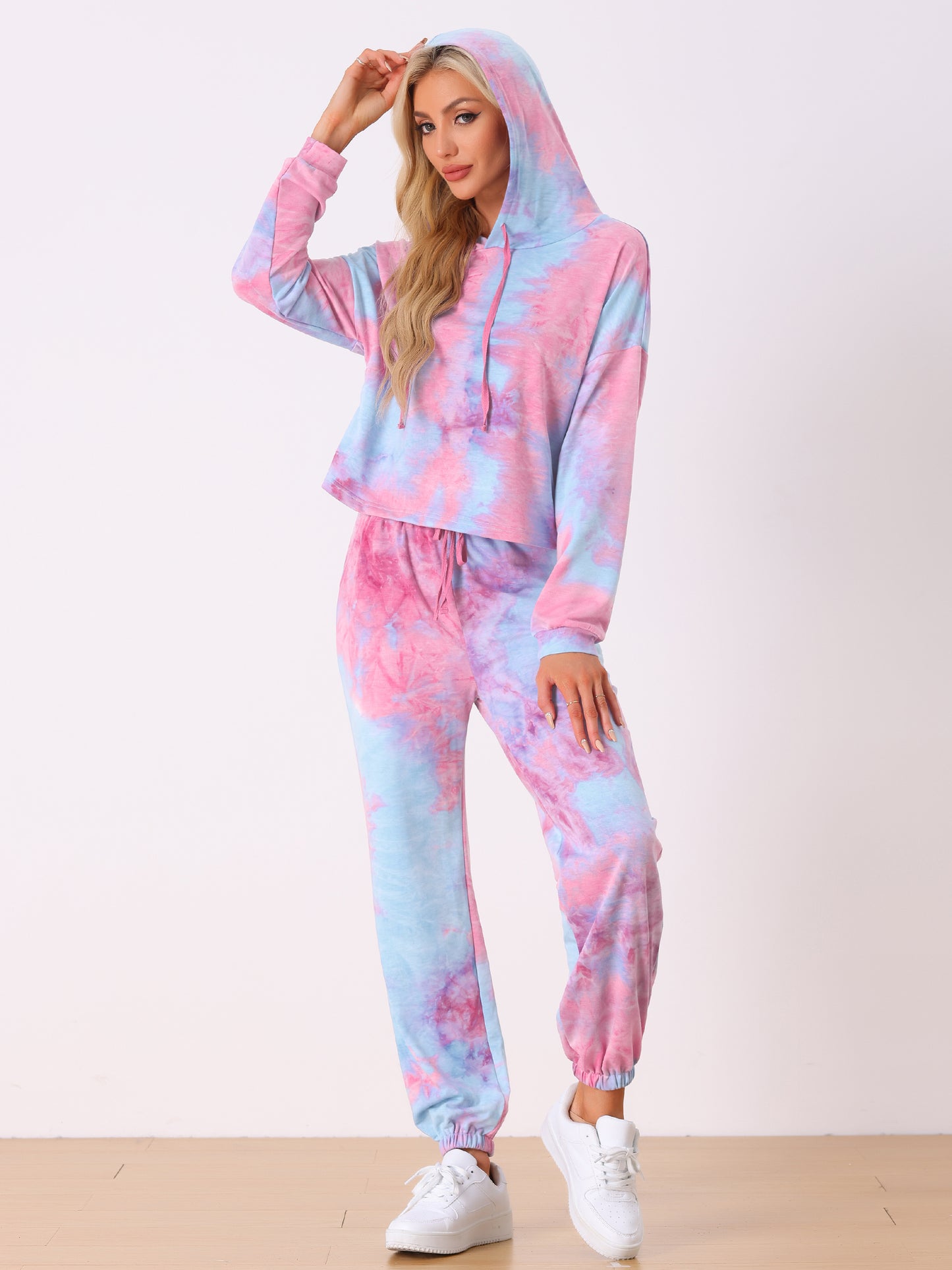 Women's 2 Piece Sweatsuits Tie Dye Pullover Hoodie Drawstring Jogging Tracksuit