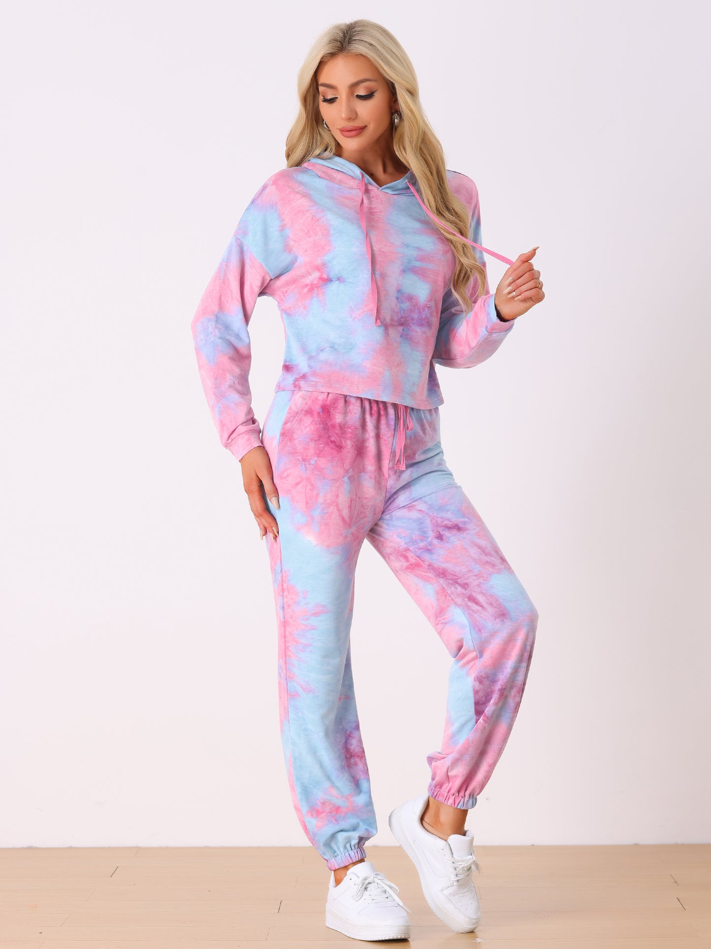 Women's 2 Piece Sweatsuits Tie Dye Pullover Hoodie Drawstring Jogging Tracksuit