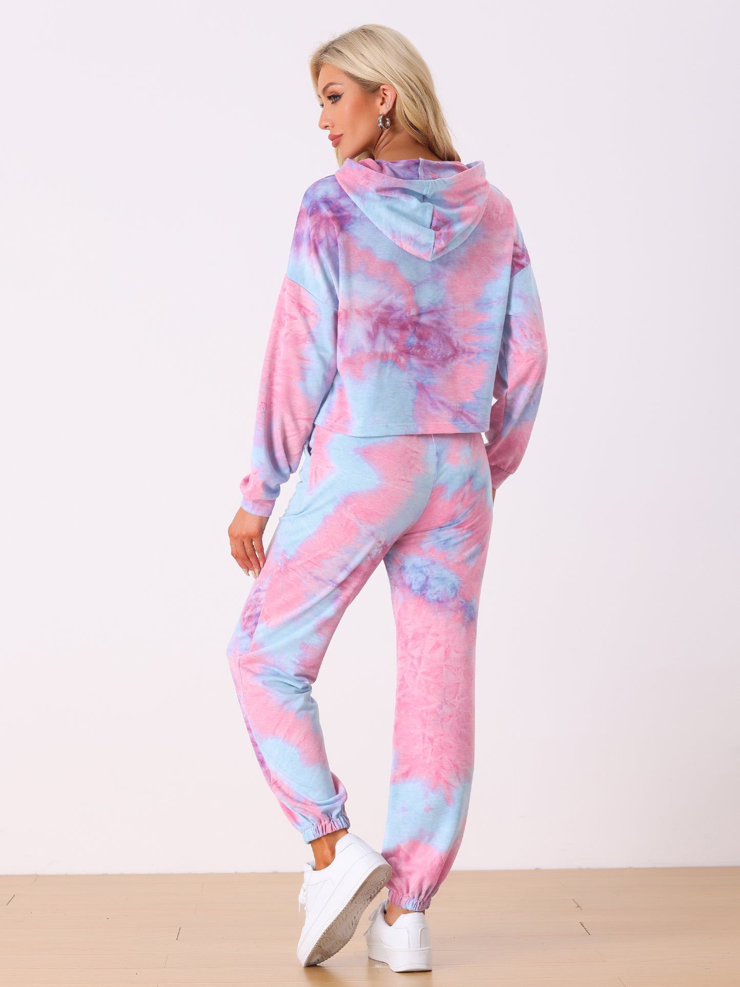 Women's 2 Piece Sweatsuits Tie Dye Pullover Hoodie Drawstring Jogging Tracksuit
