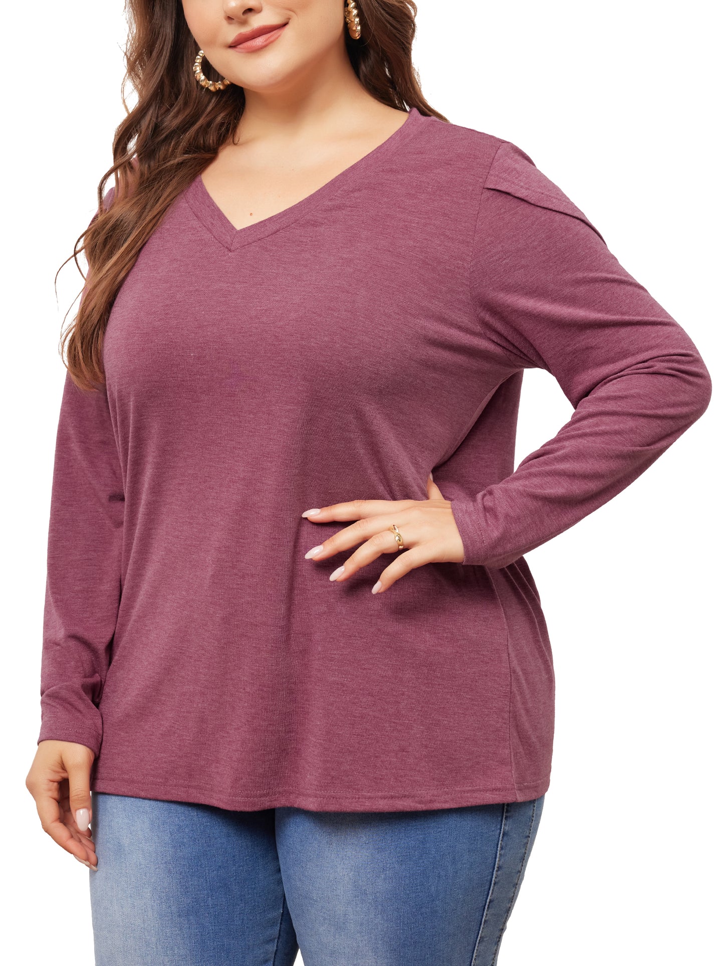 Women Plus Size Top V Neck Tulip Long Sleeve T-Shirt Casual Blouse