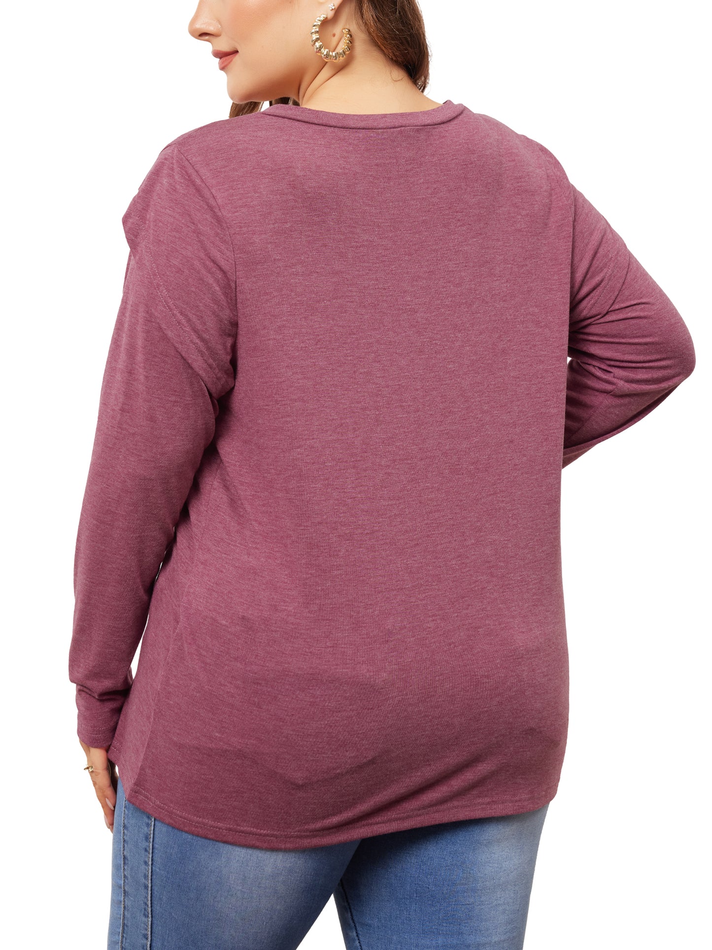 Women Plus Size Top V Neck Tulip Long Sleeve T-Shirt Casual Blouse