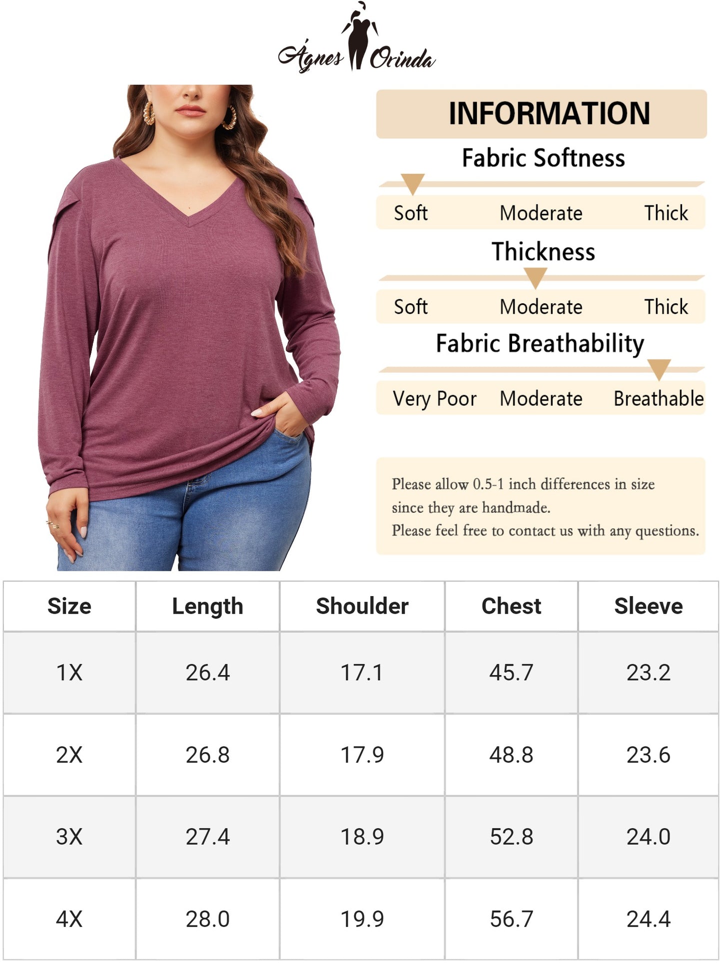 Women Plus Size Top V Neck Tulip Long Sleeve T-Shirt Casual Blouse
