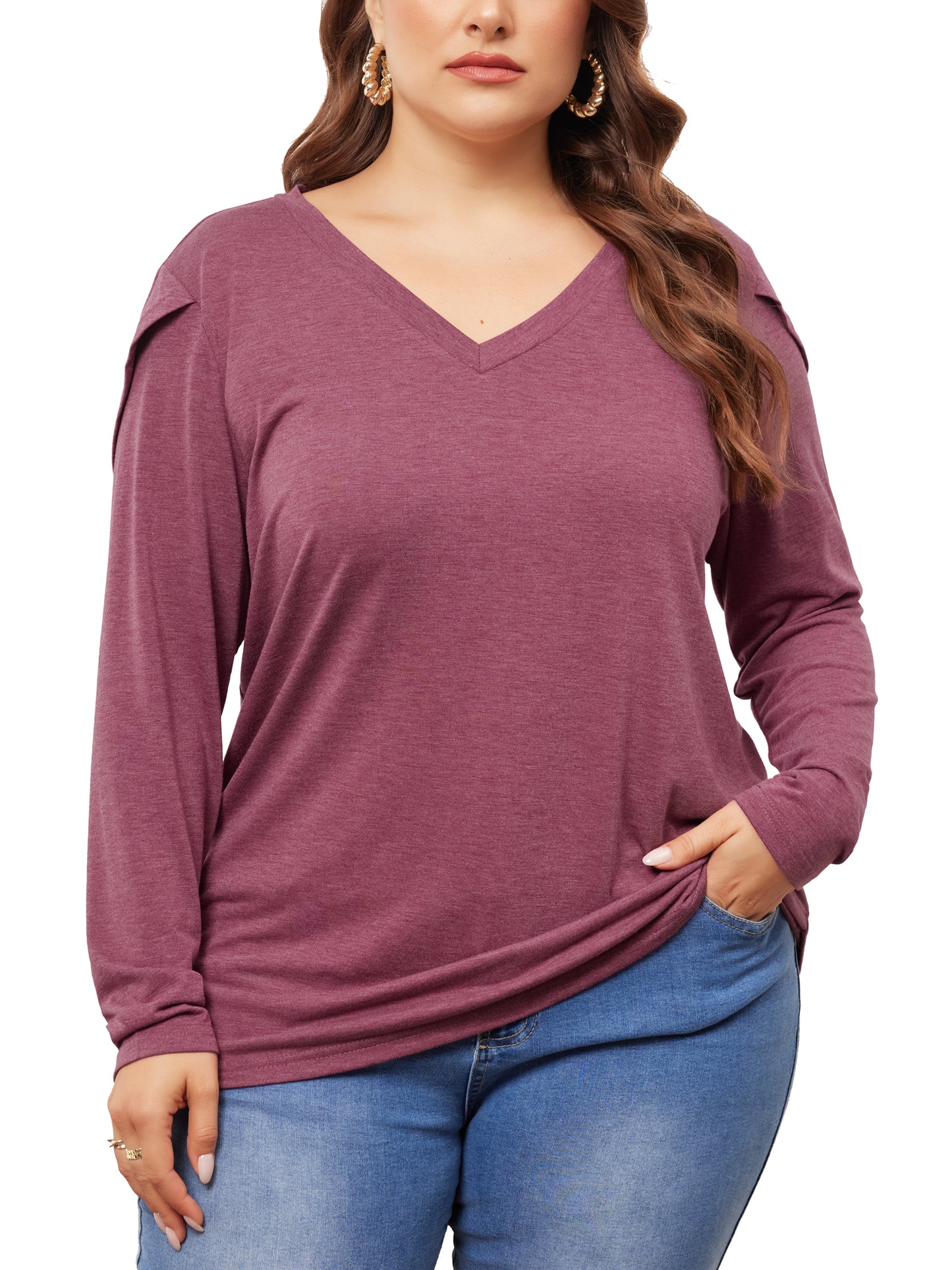 Women Plus Size Top V Neck Tulip Long Sleeve T-Shirt Casual Blouse