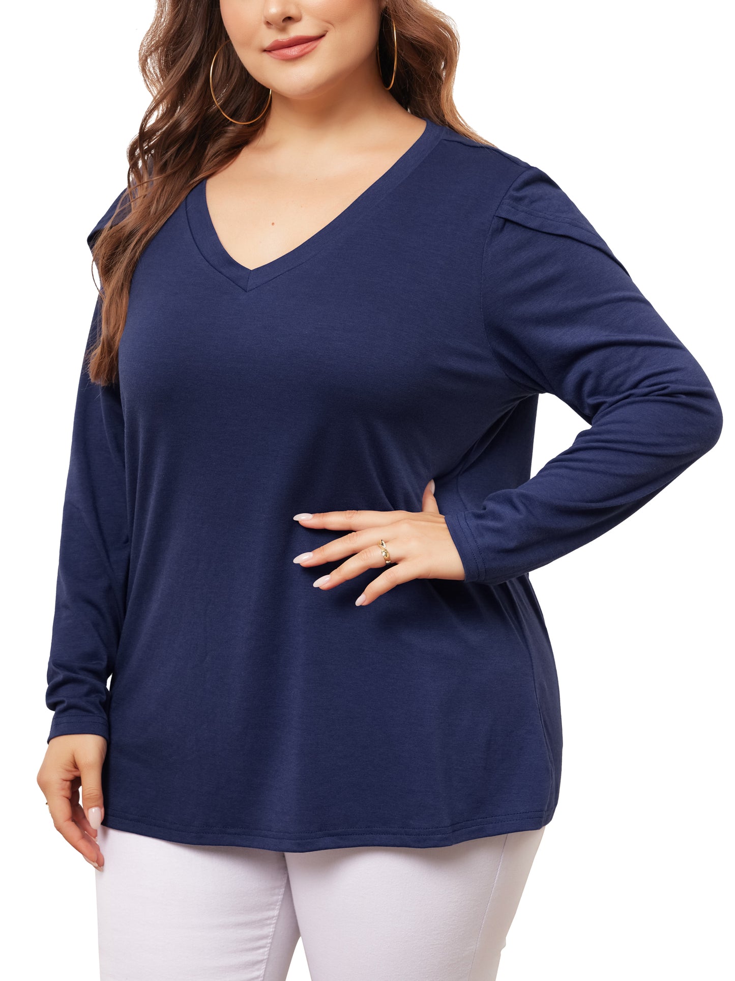 Women Plus Size Top V Neck Tulip Long Sleeve T-Shirt Casual Blouse