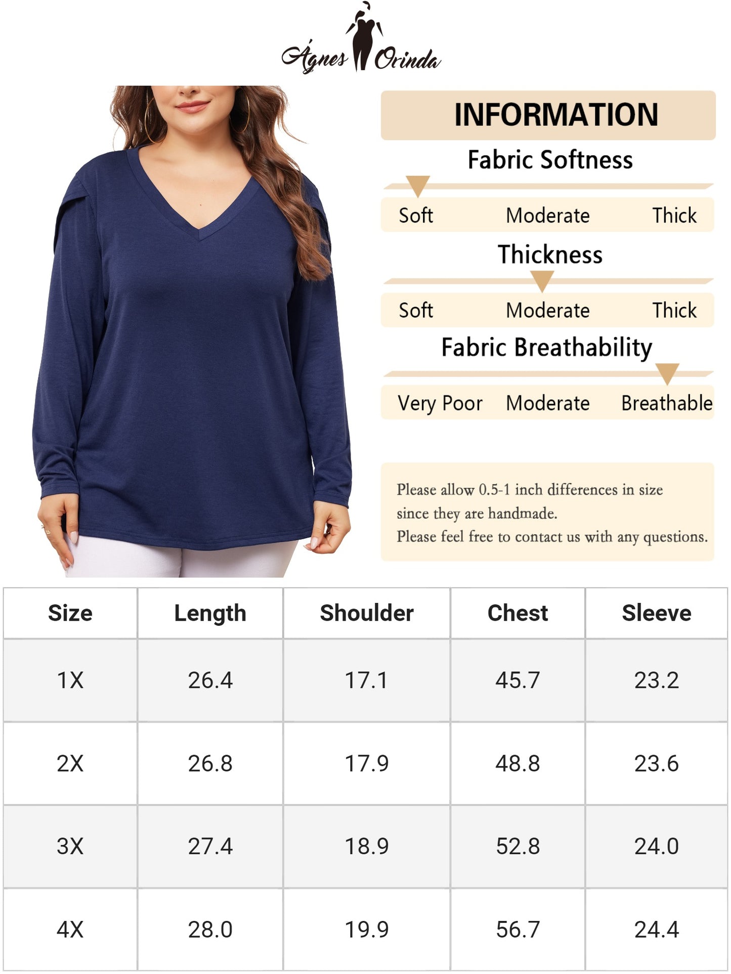 Blusa informal de manga larga con cuello en V y tulipán para mujer, talla grande