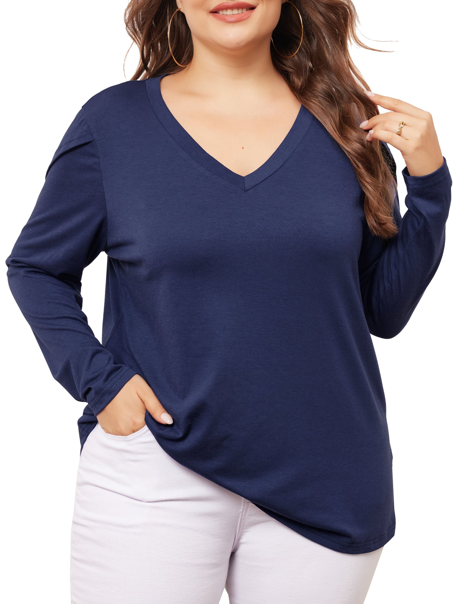 Women Plus Size Top V Neck Tulip Long Sleeve T-Shirt Casual Blouse