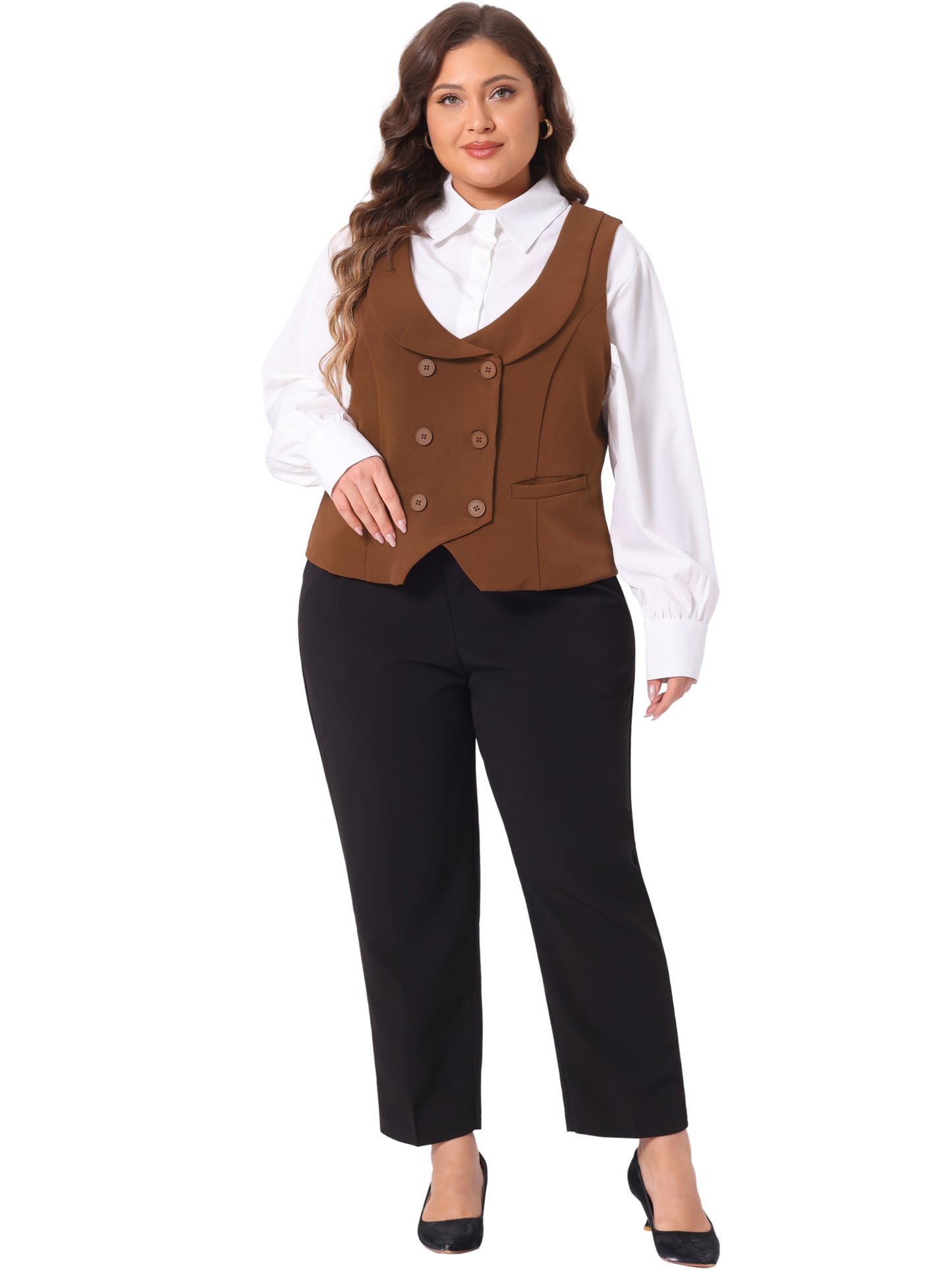 Women Plus Size Suit Vest Double Breasted Vintage Lapel Collar Dressy Waistcoat Vest with 2 Pockets