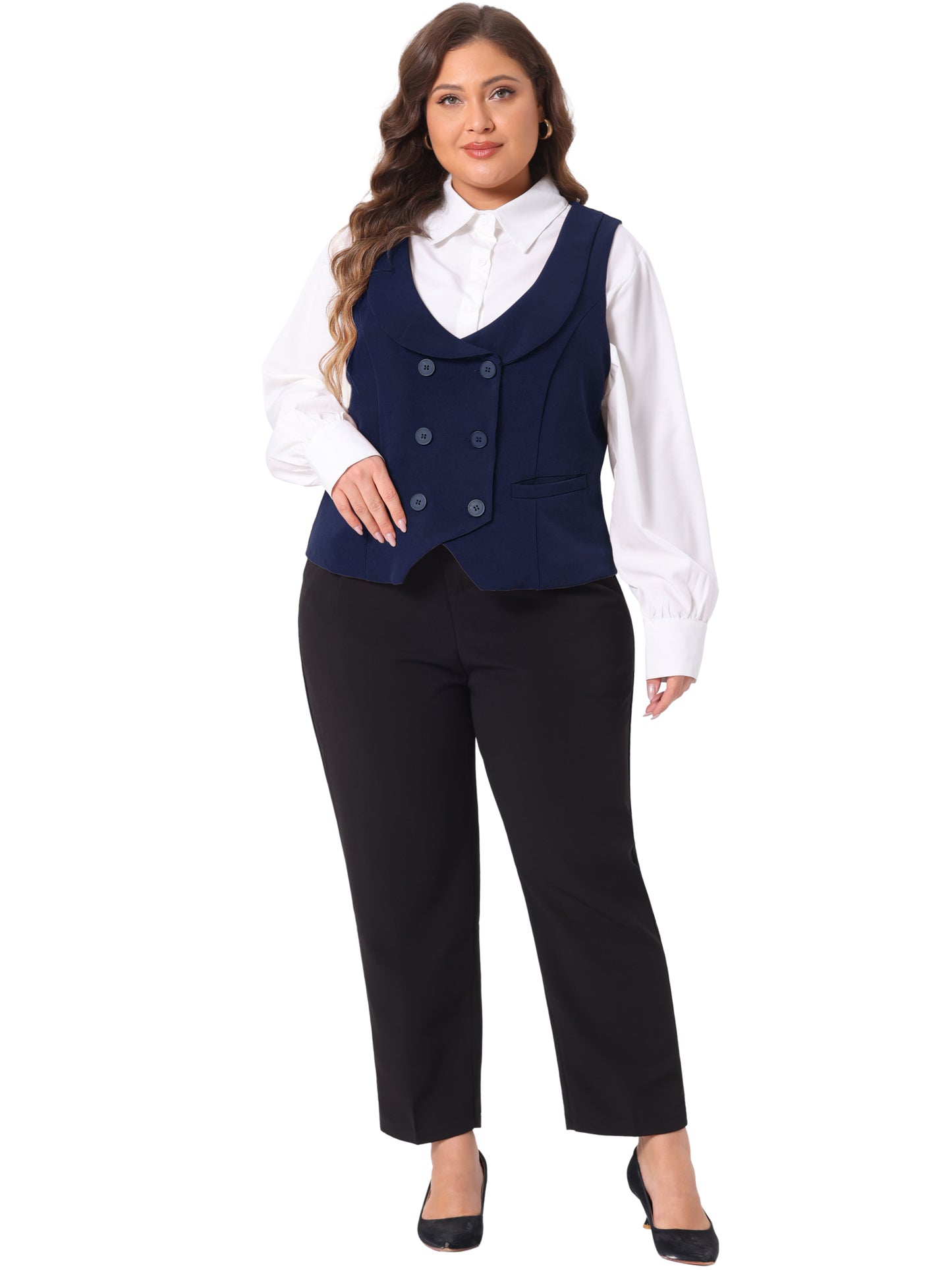Women Plus Size Suit Vest Double Breasted Vintage Lapel Collar Dressy Waistcoat Vest with 2 Pockets