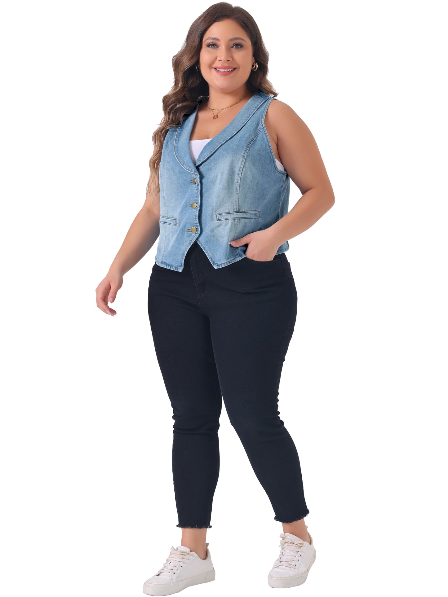 Women Plus Size Denim Vest Button Down Jean Waistcoat Sleeveless Jacket