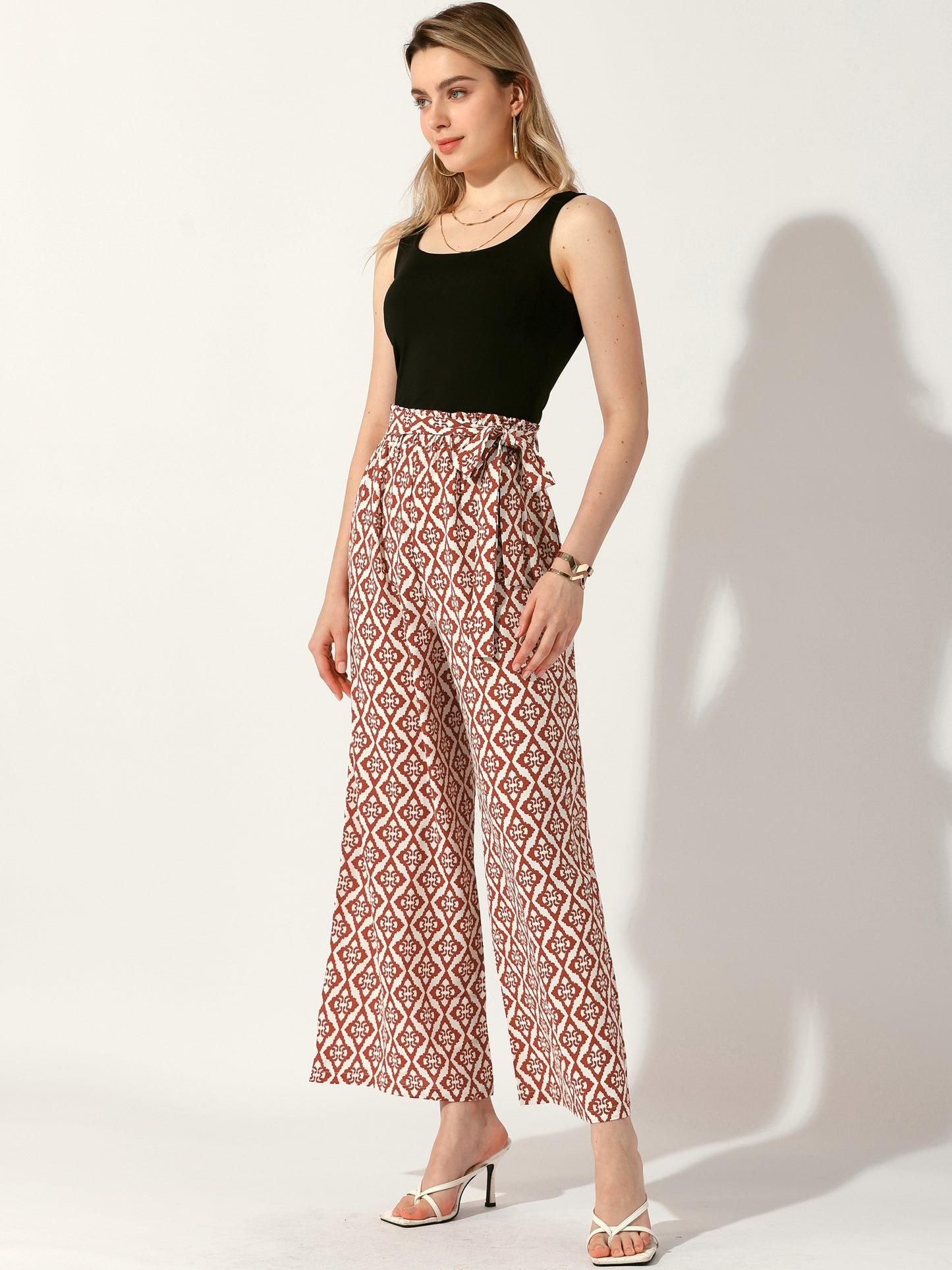 Pantalones largos bohemios de pierna ancha con cintura elástica y estampado para mujer