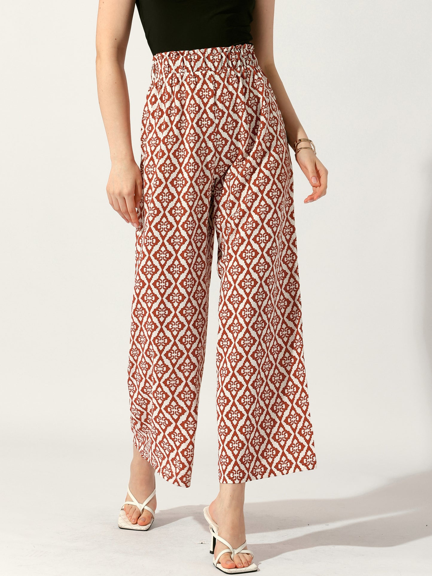 Pantalones largos bohemios de pierna ancha con cintura elástica y estampado para mujer