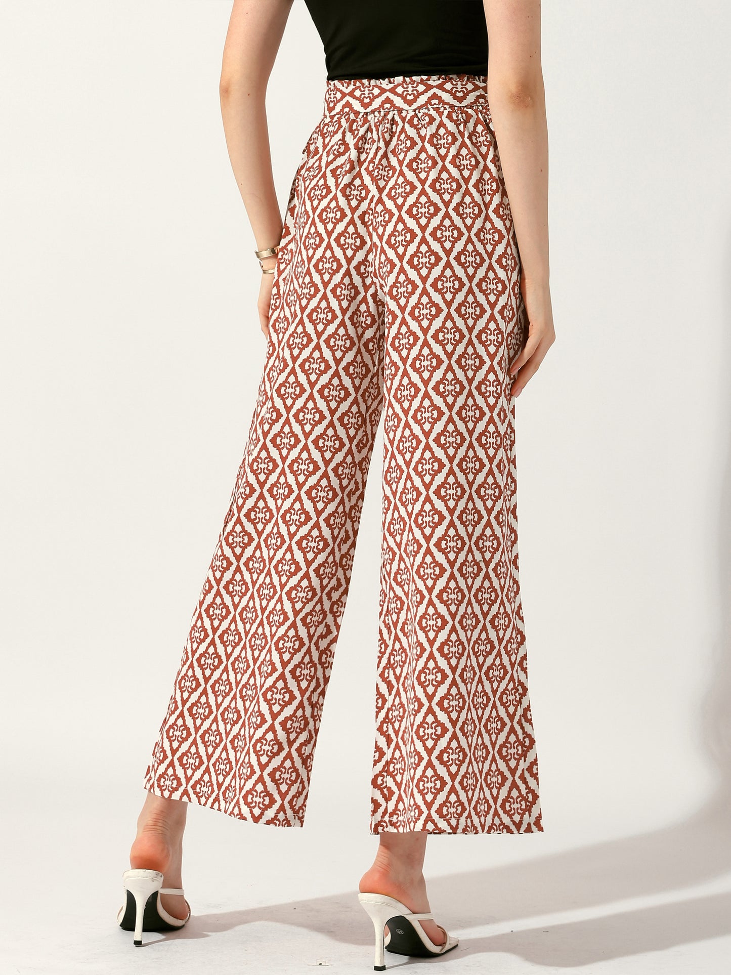 Pantalones largos bohemios de pierna ancha con cintura elástica y estampado para mujer