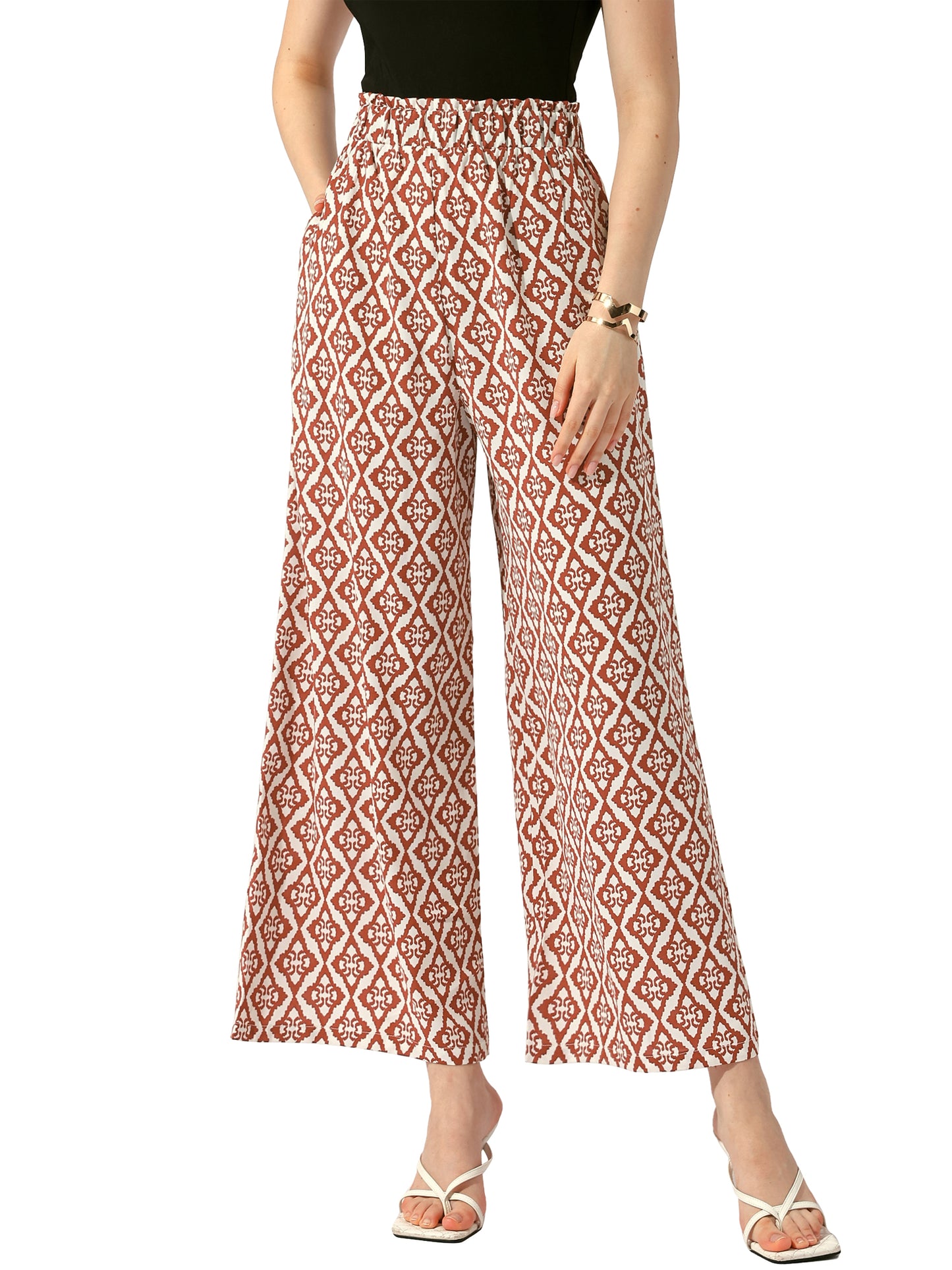 Pantalones largos bohemios de pierna ancha con cintura elástica y estampado para mujer