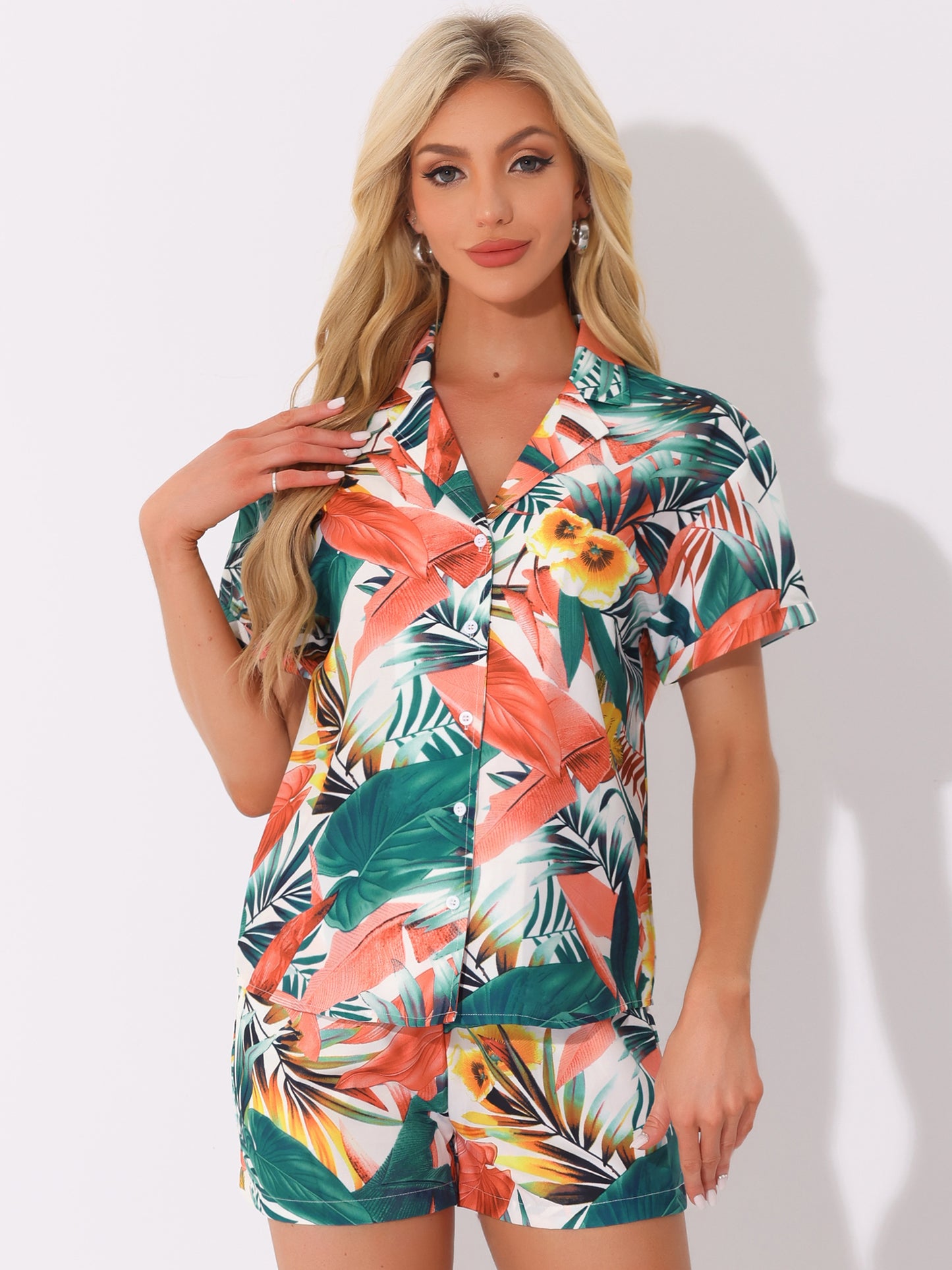 Women Hawaiian Set 2 Pieces Floral Button Down Shirt and Shorts Tropical Vacation Beach Casual
