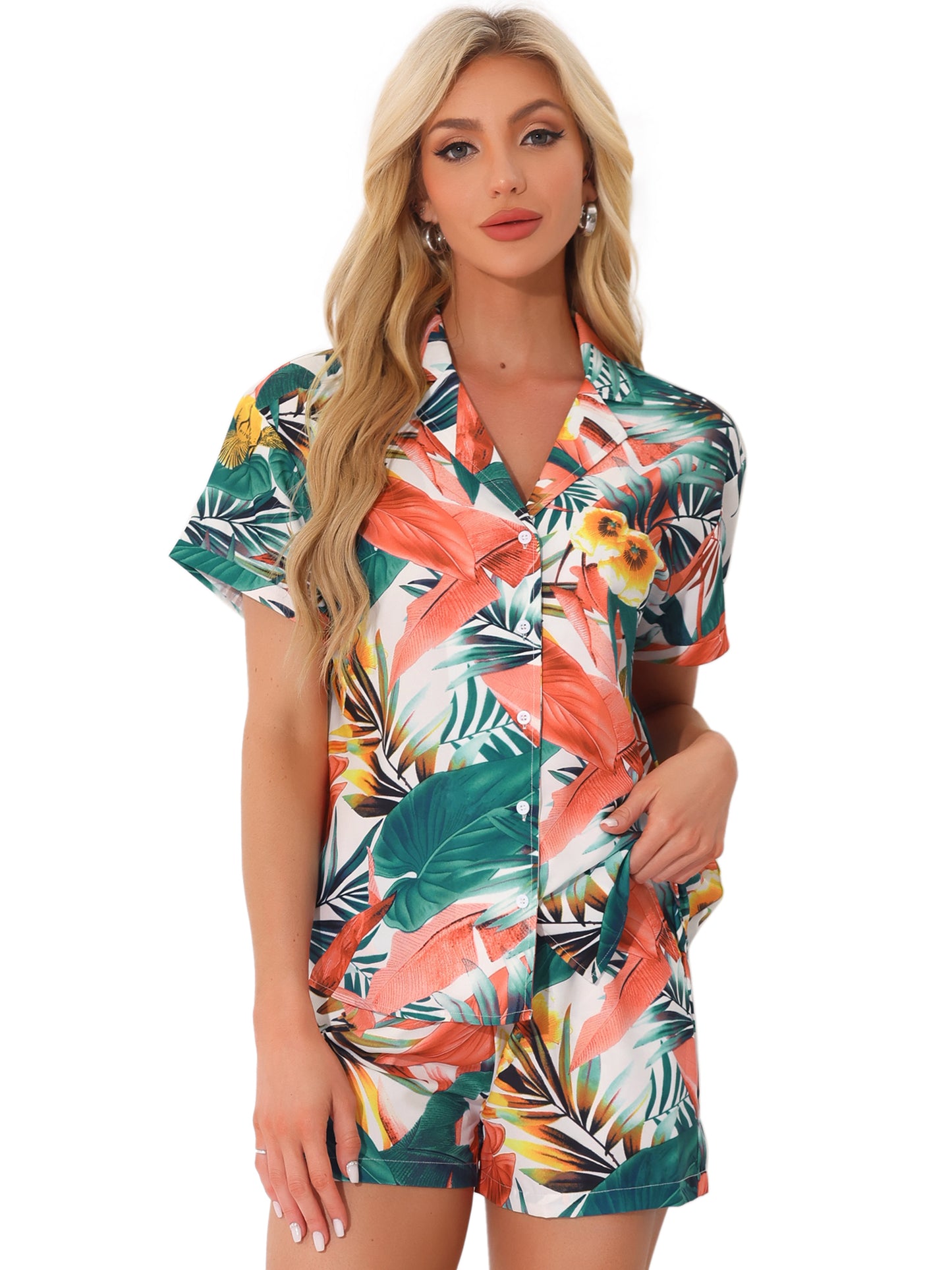 Women Hawaiian Set 2 Pieces Floral Button Down Shirt and Shorts Tropical Vacation Beach Casual