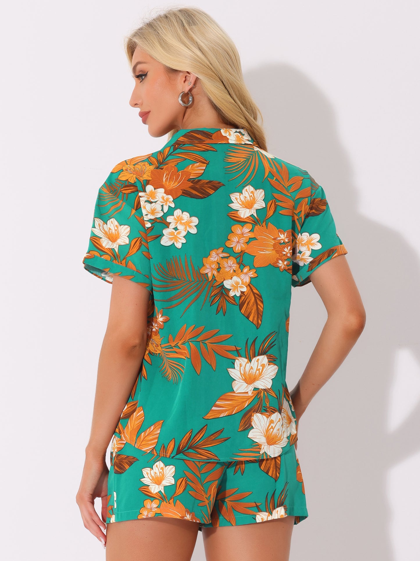 Women Hawaiian Set 2 Pieces Floral Button Down Shirt and Shorts Tropical Vacation Beach Casual