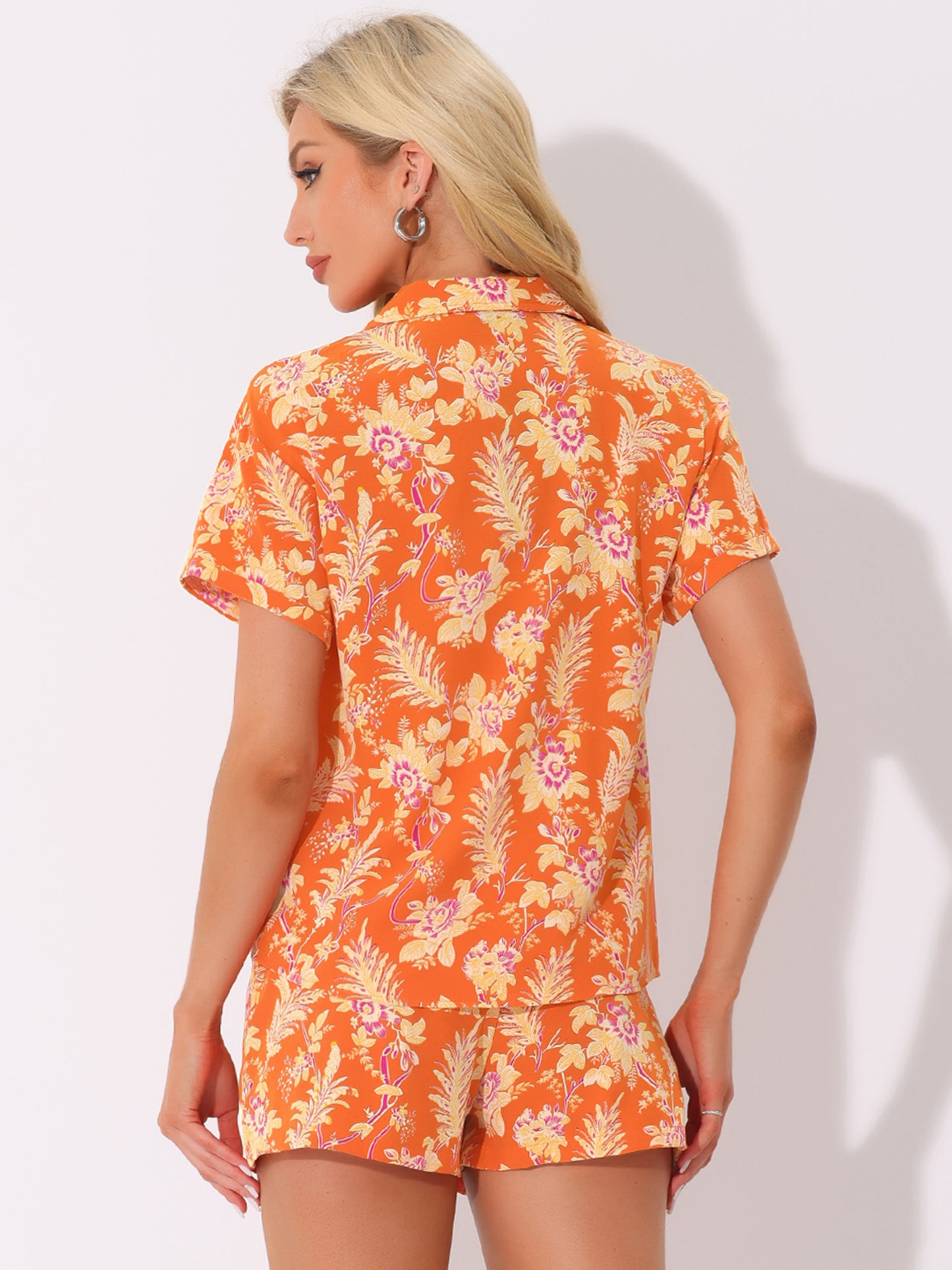Women Hawaiian Set 2 Pieces Floral Button Down Shirt and Shorts Tropical Vacation Beach Casual