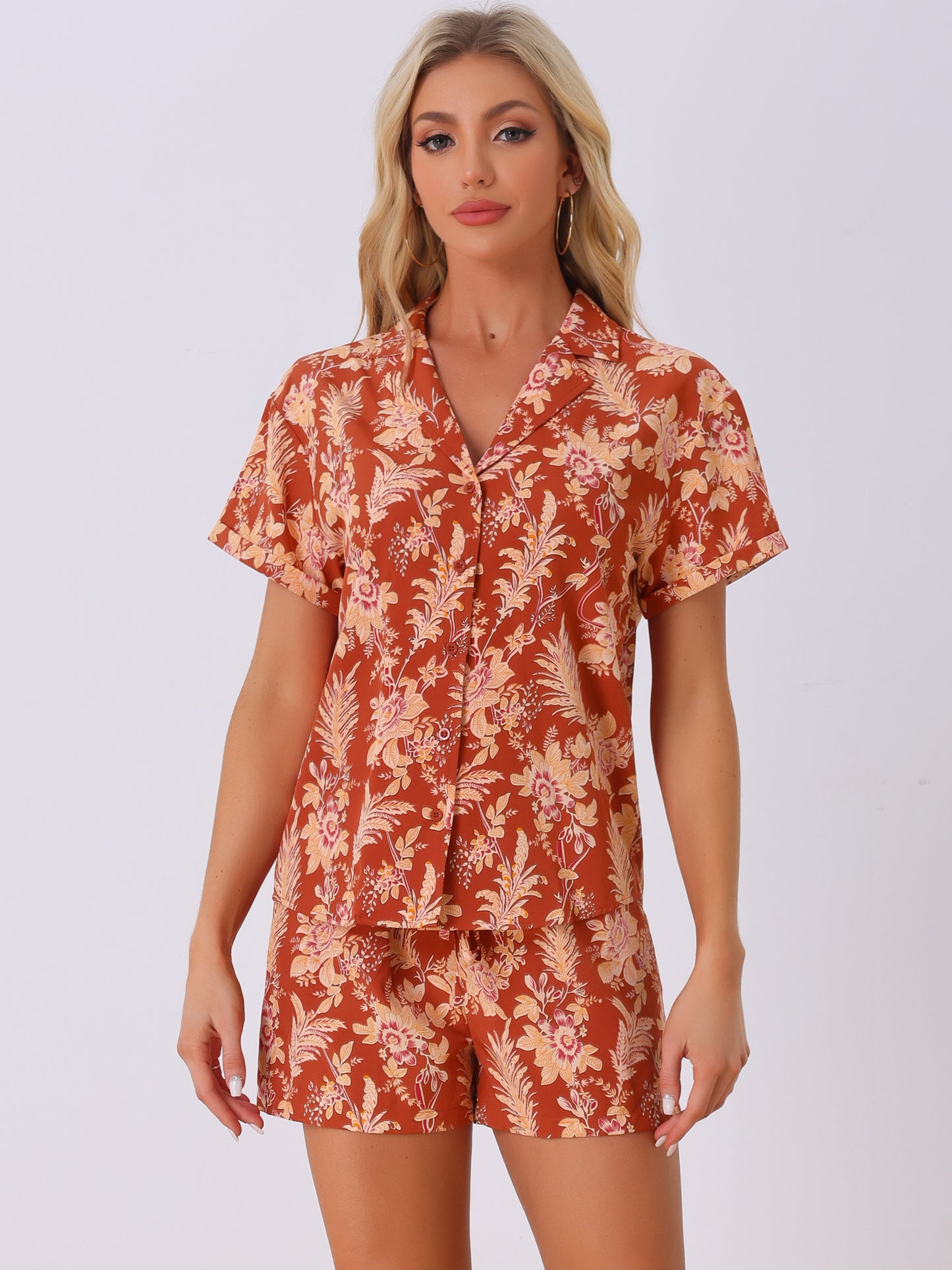 Women Hawaiian Set 2 Pieces Floral Button Down Shirt and Shorts Tropical Vacation Beach Casual