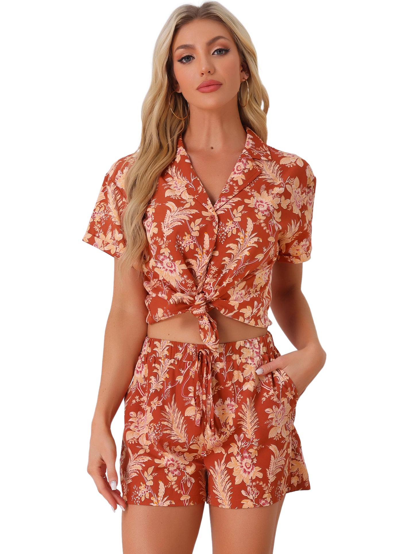 Women Hawaiian Set 2 Pieces Floral Button Down Shirt and Shorts Tropical Vacation Beach Casual