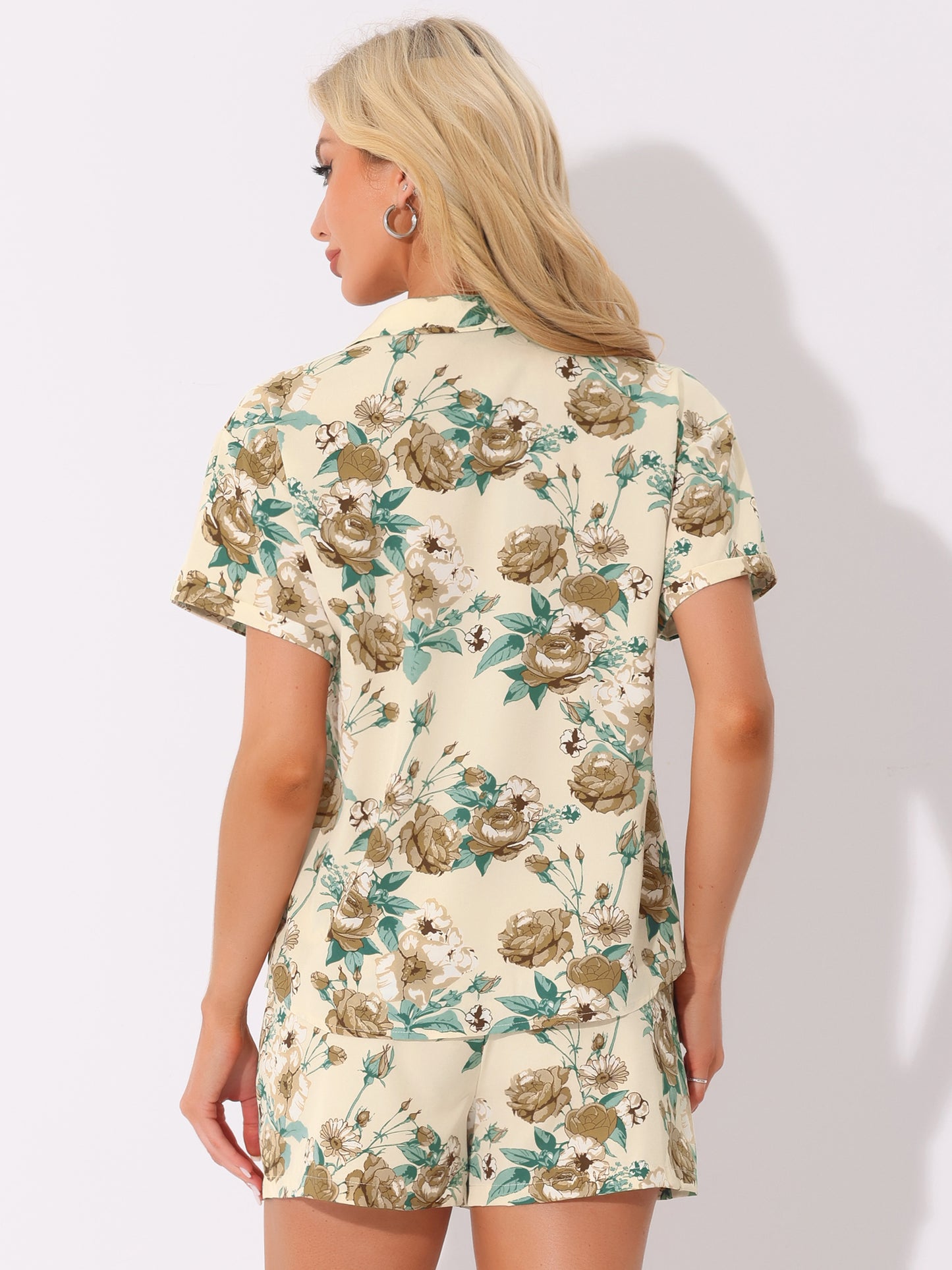 Women Hawaiian Set 2 Pieces Floral Button Down Shirt and Shorts Tropical Vacation Beach Casual