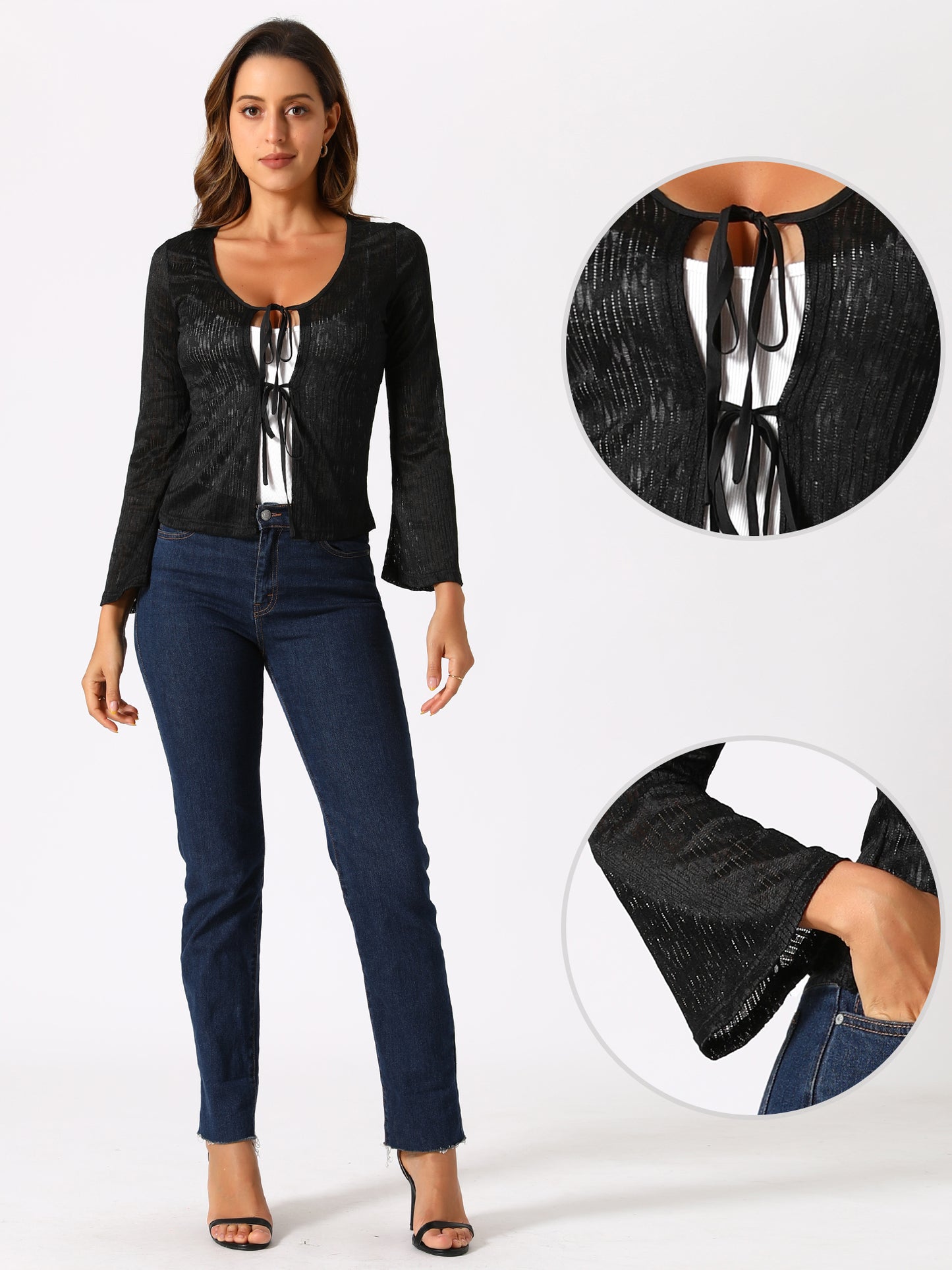 Women's Tie Front Bell Long Sleeve Bolero Cardigan Lace Shrug Top