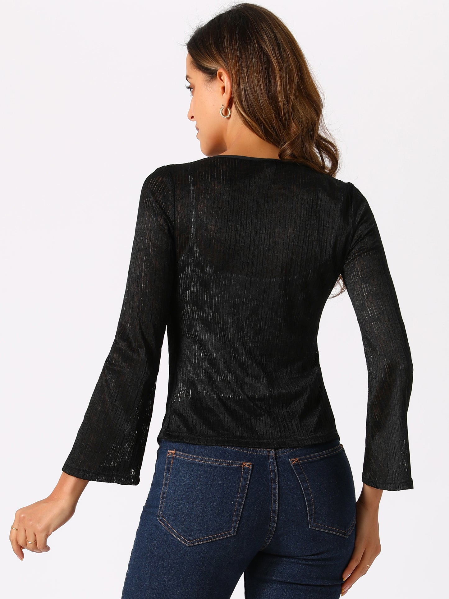 Women's Tie Front Bell Long Sleeve Bolero Cardigan Lace Shrug Top
