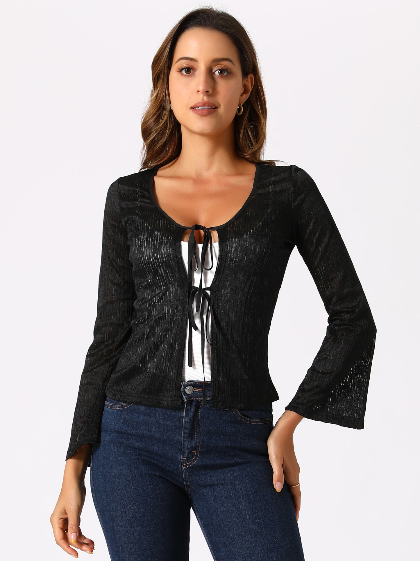 Women's Tie Front Bell Long Sleeve Bolero Cardigan Lace Shrug Top