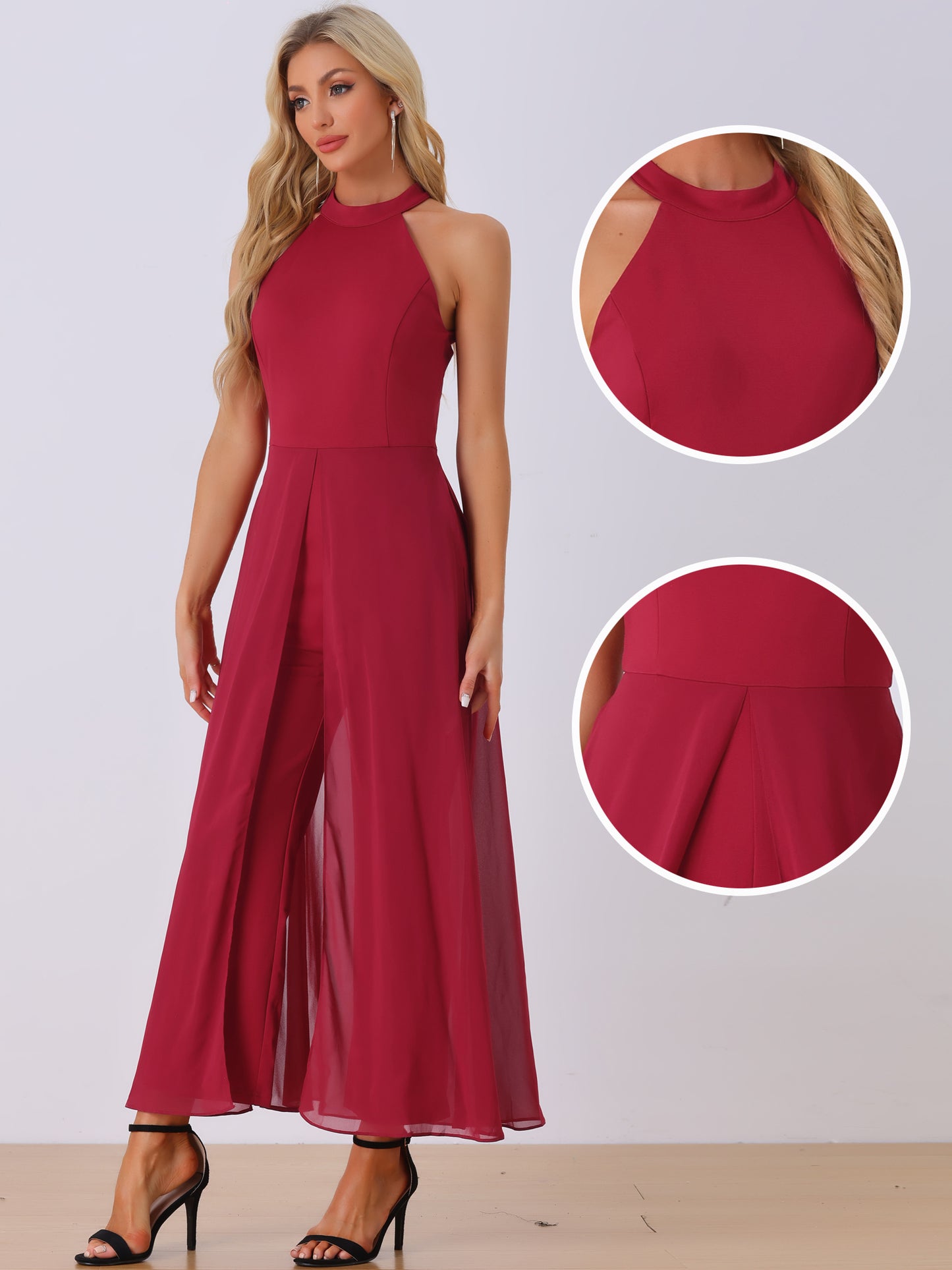 Women's Summer Sleeveless Halter Neck Wedding Chiffon Wide Leg Dressy Elegant Jumpsuit