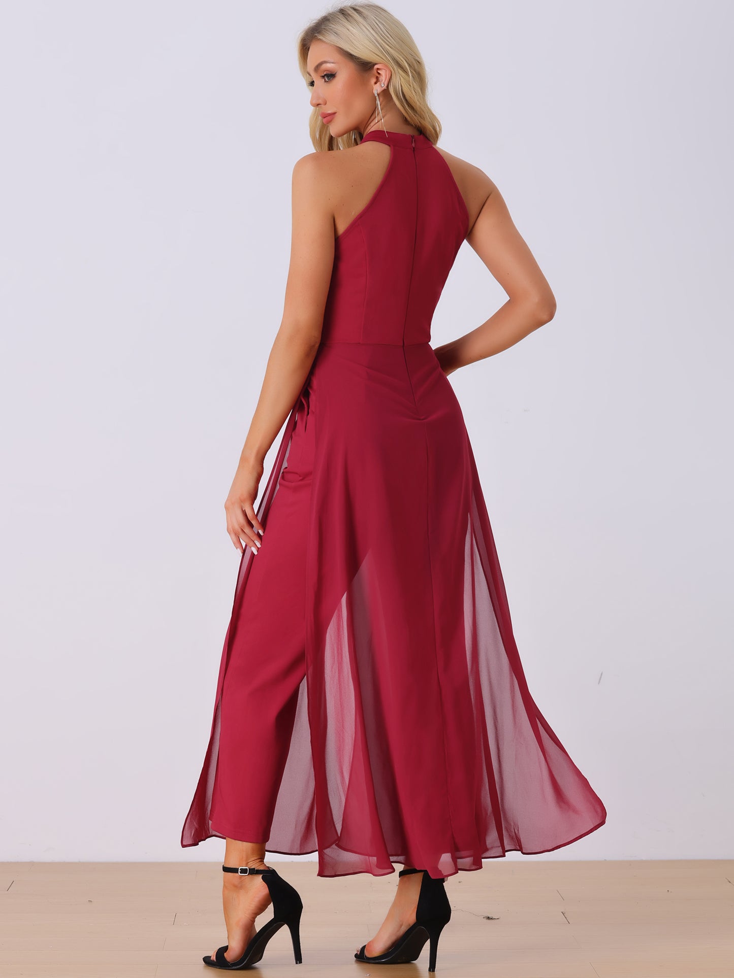 Women's Summer Sleeveless Halter Neck Wedding Chiffon Wide Leg Dressy Elegant Jumpsuit