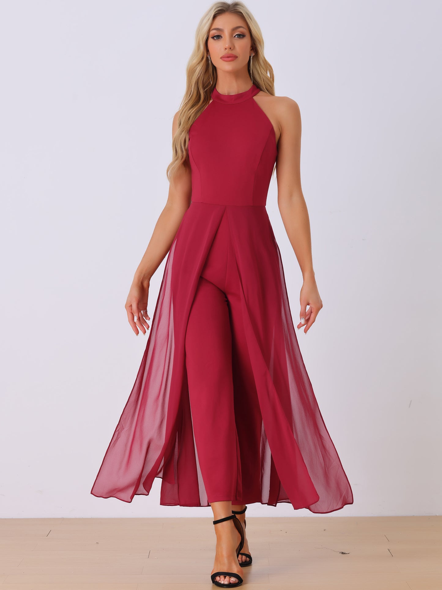 Women's Summer Sleeveless Halter Neck Wedding Chiffon Wide Leg Dressy Elegant Jumpsuit
