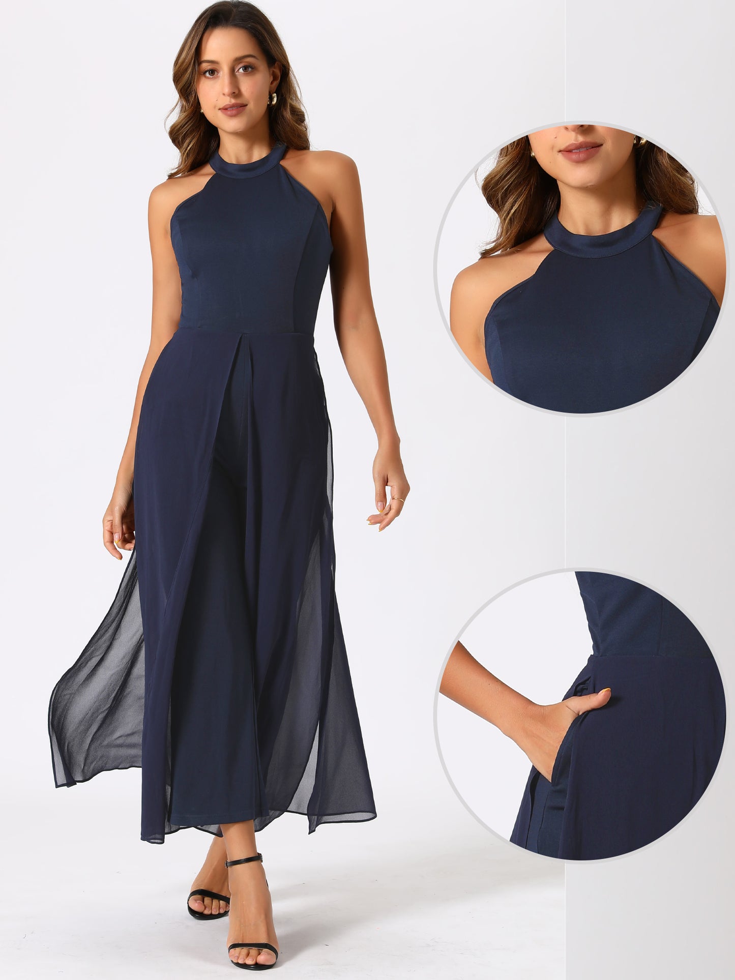 Women's Summer Sleeveless Halter Neck Wedding Chiffon Wide Leg Dressy Elegant Jumpsuit