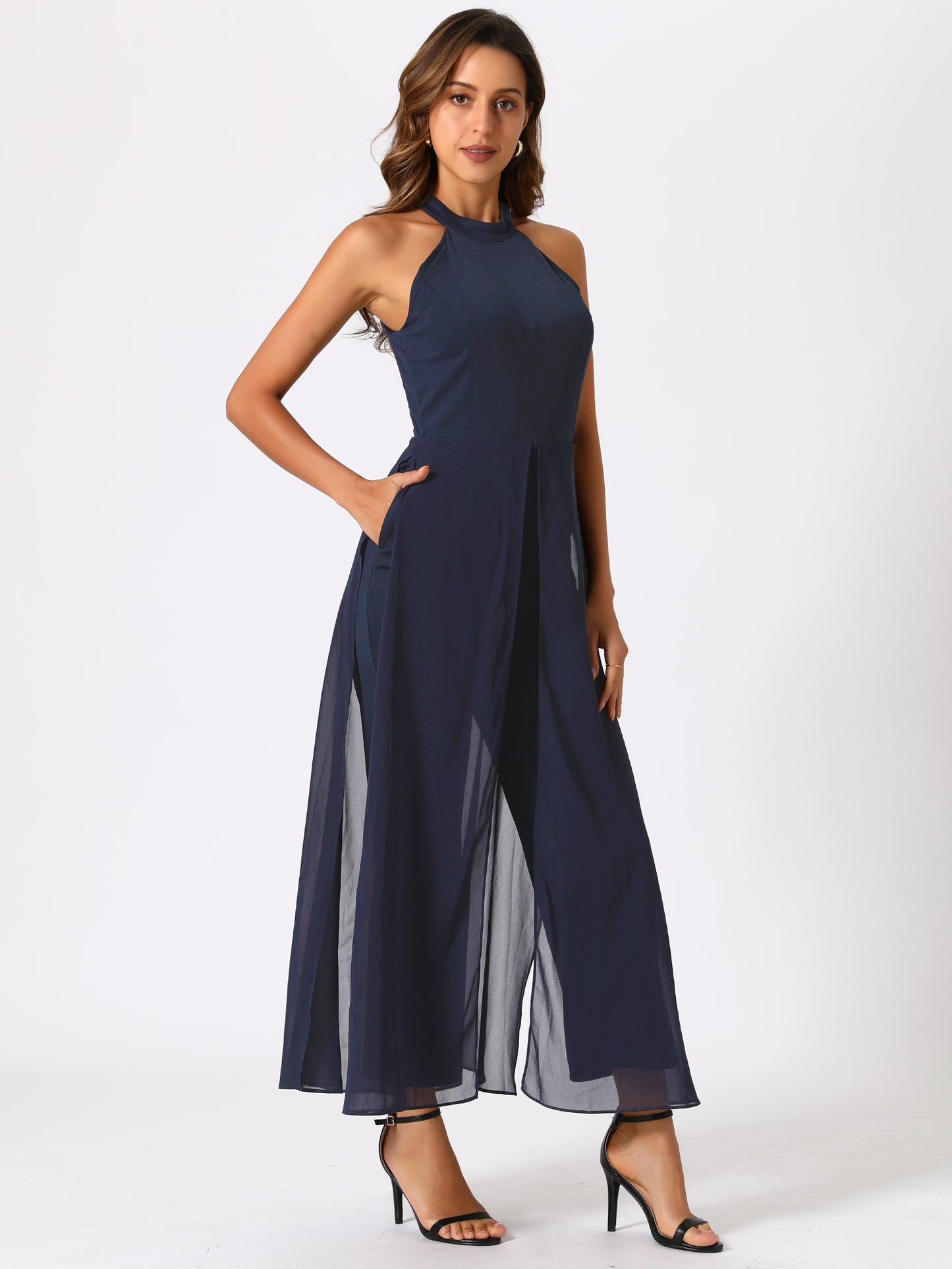 Women's Summer Sleeveless Halter Neck Wedding Chiffon Wide Leg Dressy Elegant Jumpsuit