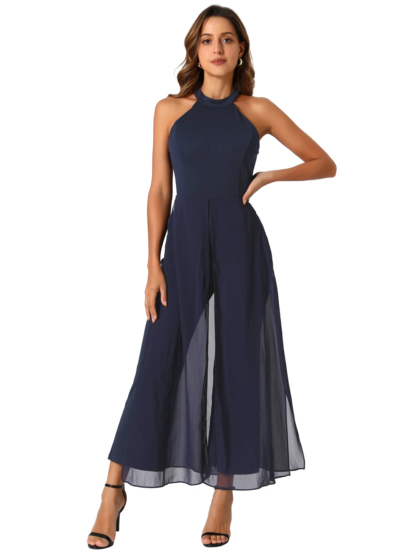 Women's Summer Sleeveless Halter Neck Wedding Chiffon Wide Leg Dressy Elegant Jumpsuit