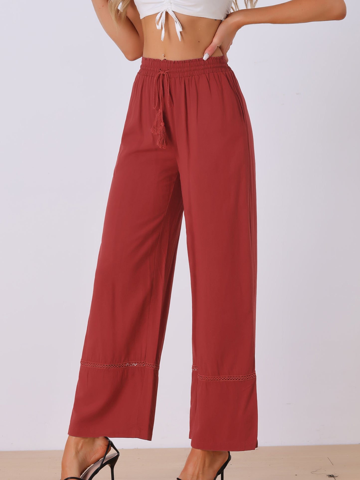 Women's Summer Casual Pants Loose High Waist Drawstring Wide Leg Palazzo Trousers with Pockets