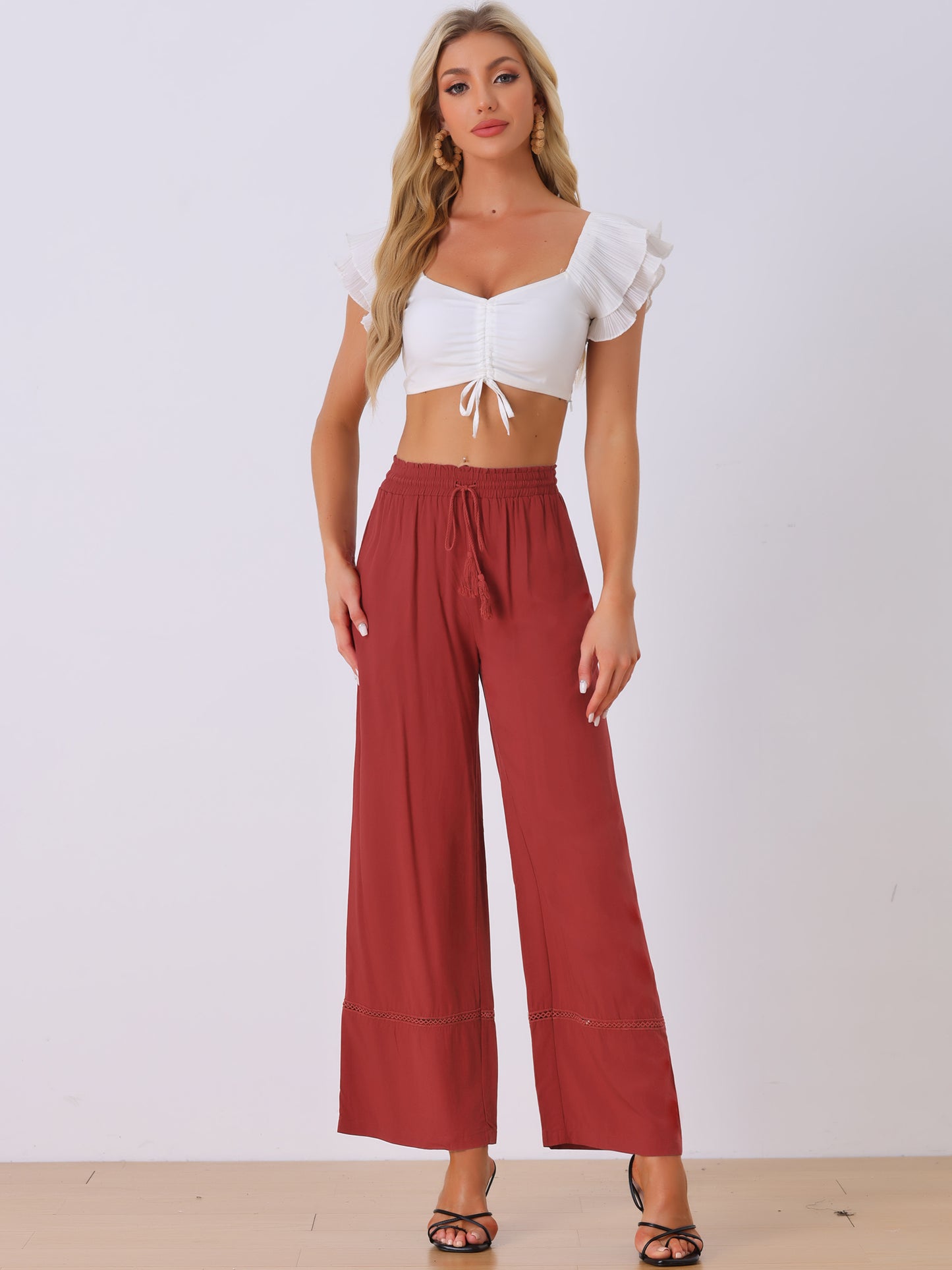 Women's Summer Casual Pants Loose High Waist Drawstring Wide Leg Palazzo Trousers with Pockets