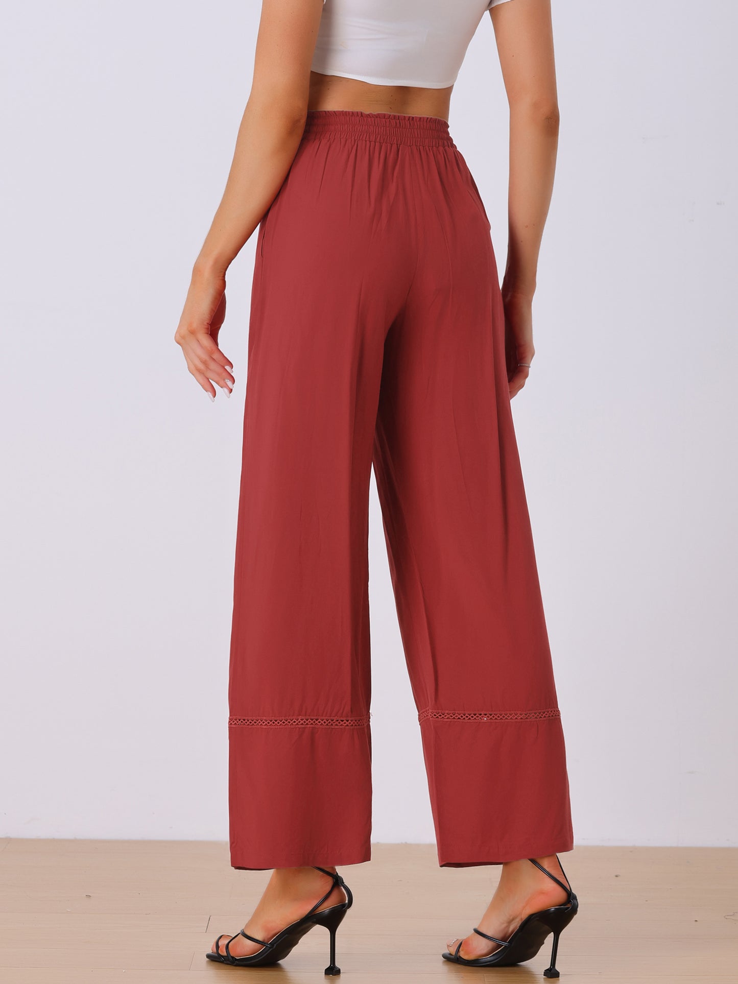 Women's Summer Casual Pants Loose High Waist Drawstring Wide Leg Palazzo Trousers with Pockets