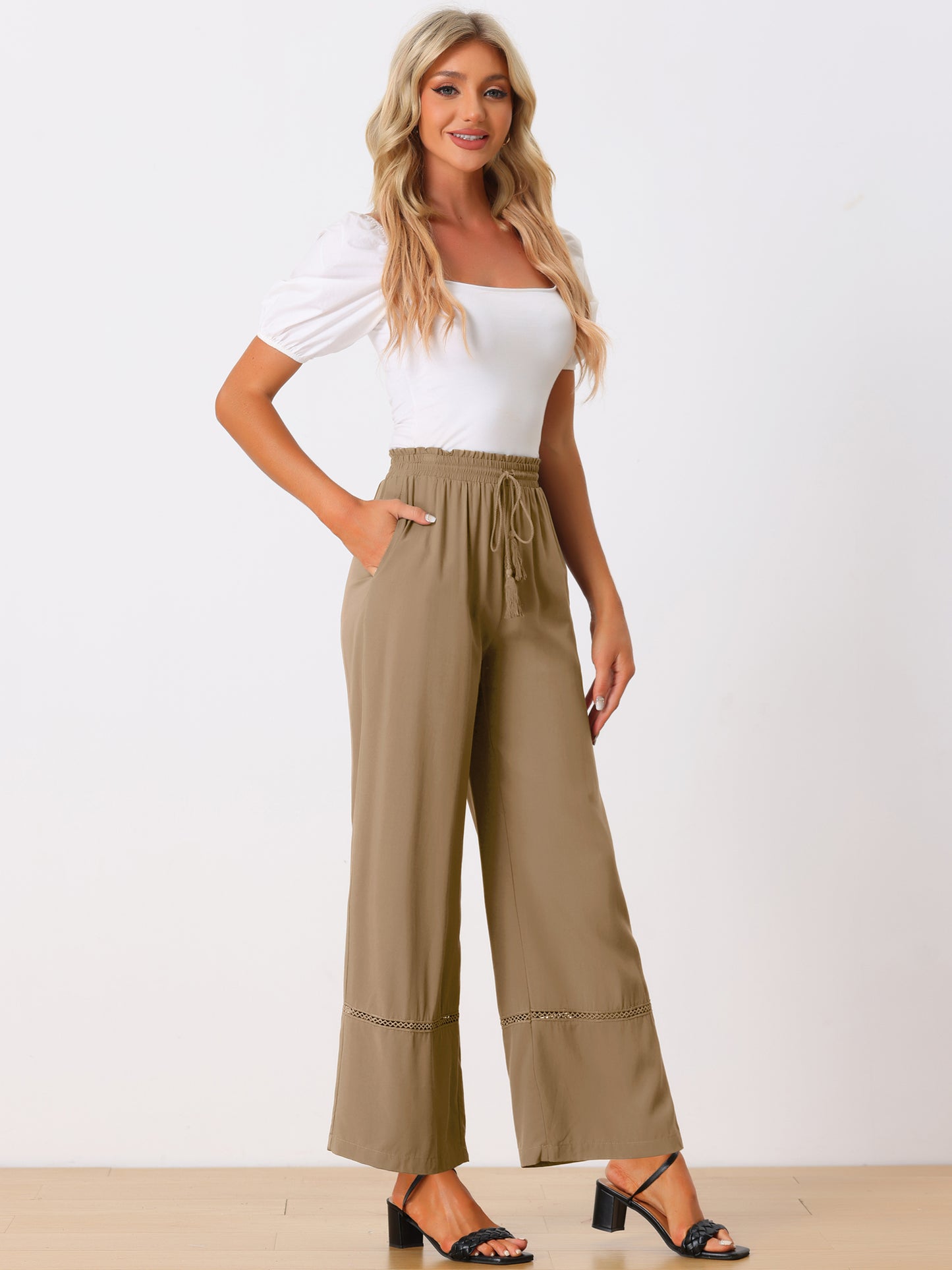 Women's Summer Casual Pants Loose High Waist Drawstring Wide Leg Palazzo Trousers with Pockets