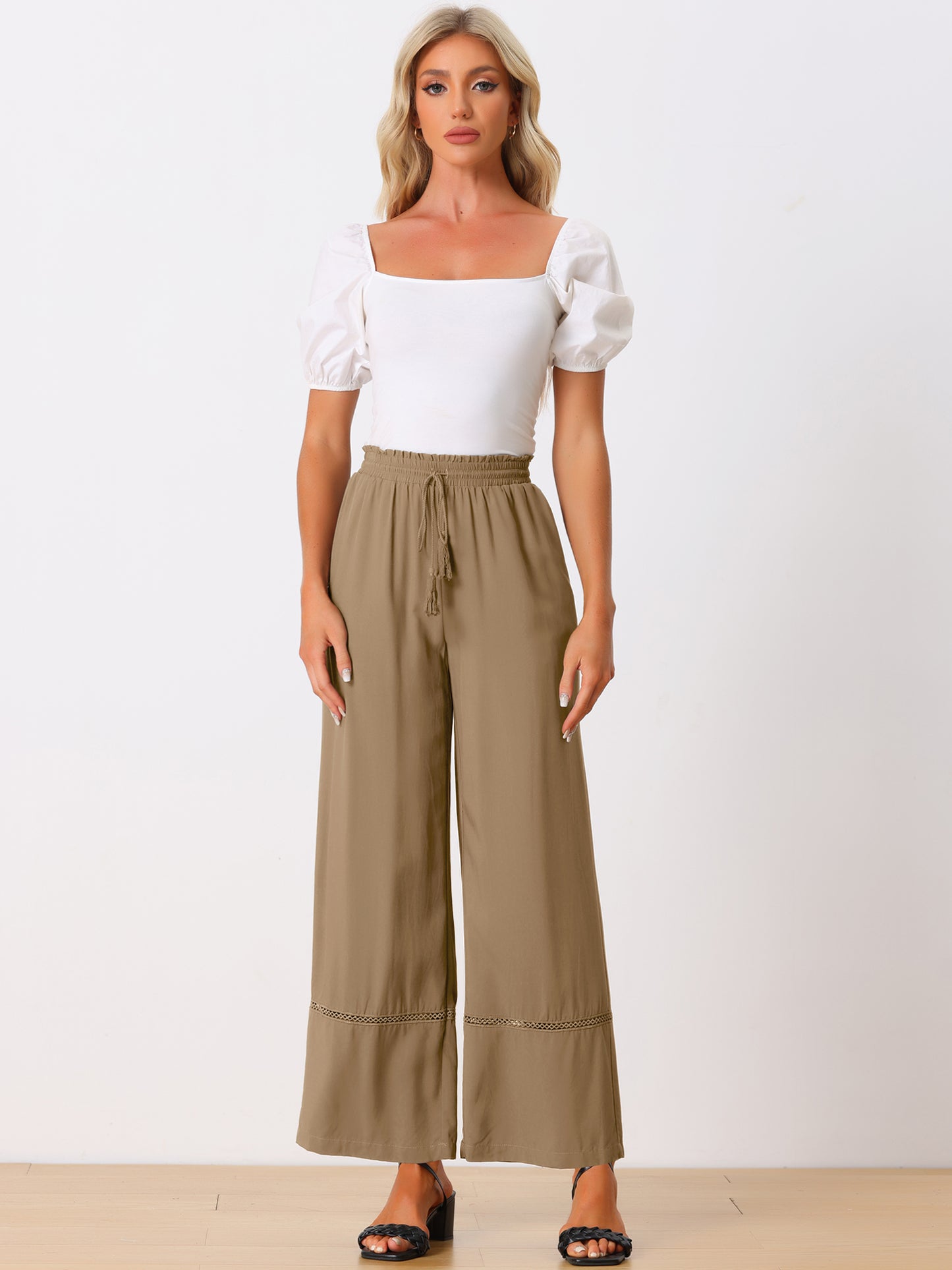 Women's Summer Casual Pants Loose High Waist Drawstring Wide Leg Palazzo Trousers with Pockets