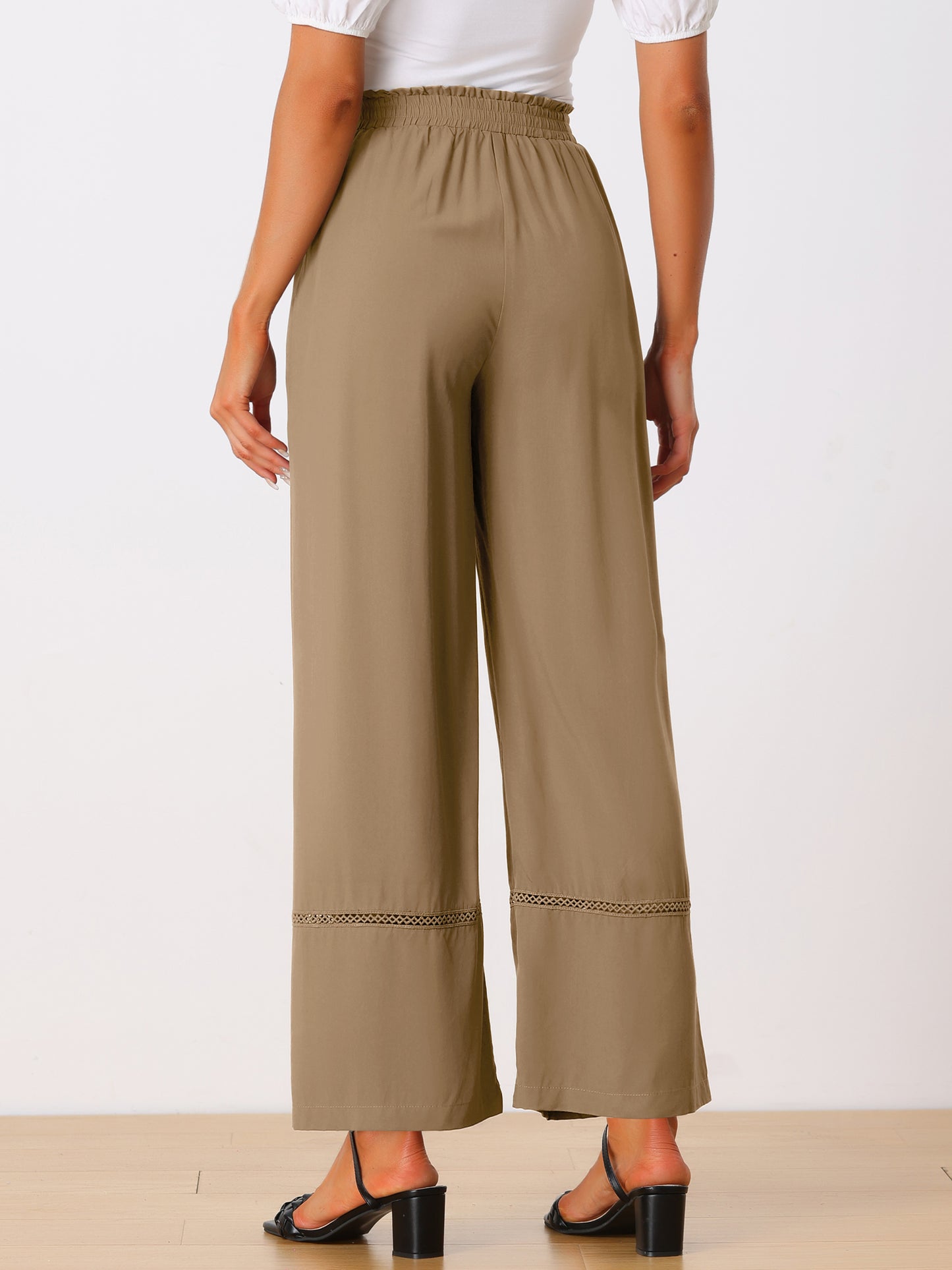 Women's Summer Casual Pants Loose High Waist Drawstring Wide Leg Palazzo Trousers with Pockets