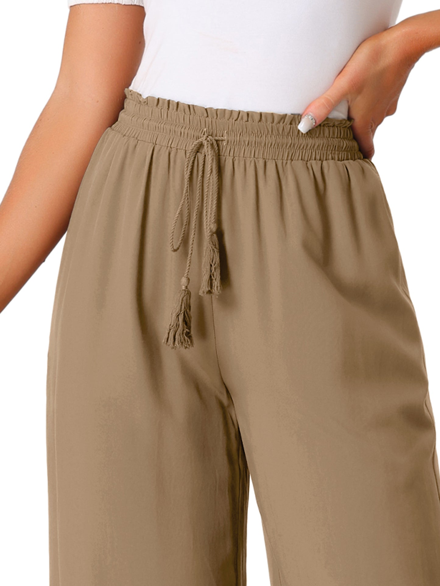 Women's Summer Casual Pants Loose High Waist Drawstring Wide Leg Palazzo Trousers with Pockets